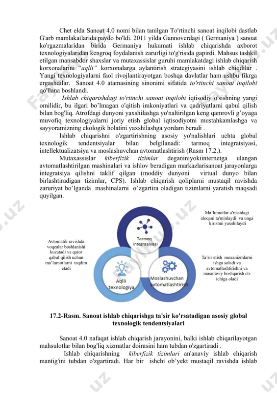 n, 3d sifatida sanoat 4.0 texnologiyalari - chop, robototexnika, buyumlar interneti. sanoat 4.0 - real vaqt rejimida aqlli tizimlar tomonidan boshqariladigan to’liqavtomatlashtirilgan raqamli ishlab chiqarishga va shu borada tashqi muhit bilan doimiy aloqada bo’lib, bitta korxona chegaralaridan tashqarida, buyumlarva xizmatlarni global sanoat tarmog'iga birlashtirish istiqboli bilano’tishbilan tavsiflanadi. sanoat 4.0 tor ma'noda - buyurmalarva xizmatlar internet global sanoat tarmog’i asosida “aqlli ishlab chiqarish” ( smart manufacturing) konsepsiyasini tavsiflovchi loyihaning nomi. keng ma'noda, sanoat 4.0 kiberfizik tizimlarni, buyumlar interneti va bulutli hisob-kitoblarni o’z ichiga oladigan avtomatlashtirish va ma'lumotlar almashishjarayonlarning rivojlanish trendini tavsiflaydi. sanoat 4.0 ning qisqacha tarixi chet elda sanoat 4.0 nomi bilan tanilgan to'rtinchi sanoat inqilobi dastlab g'arb mamlakatlarida paydo bo'ldi. 2011 yilda gannoverdagi ( germaniya ) sanoat ko'rgazmalaridan birida germaniya hukumati ishlab chiqarishda axborot texnologiyalaridan kengroq foydalanish zarurligi to'g'risida gapirdi. mahsus tashkil etilgan mansabdor shaxslar va mutaxassislar guruhi mamlakatdagi ishlab chiqarish korxonalarini “aqlli” korxonalarga aylantirish strategiyasini ishlab chiqdilar . yangi …
