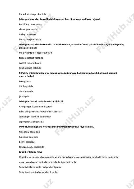 iladigan berilganlar tashqi disklarda saqla-nadigan berilganlar tashqi xotirada joylashgan beril-ganlar global berilganlar va lokal berilganlar orasi-dagi farqni toping #global berilganlar haam asosiy, ham qism dasturlarda amal qila-di. lokal berilganlar esa faqat qism dastur-lardagina amal qiladi global berilganlar tashqi xotirada joyla-shadi. lokal berilgan-lar faqat asosiy das-turlarda amal qiladi-lar global berilganlar qism dasturlarda amal qiladi, lokal berilganlar esa ham qism dasturlarda amal qiladi global berilgan-lar tashqi disk-larda saqlanadi, lokal berilganlar ham asosiy, ham qism dasturlarda amal qiladi autocad ning 16 – versiasi (autocad 2004) qaysi oyda chiqqan #mart oyiida iyun oyida aprel oyida noyabr oyida autocad dasturi qaysi davlatda ishlab chiqarilgan #amerikaning autodesk fiirmasi tomonidan italiyaning autodesk firmasi tomonidan xitoy autodesk firmasi tomonidan hindiston autodesk firmasi tomonidan autodesk firmasining dastur mahsulotlariga qaysi dasturlar kiradi #autoocad, archicad, autocad electrical, 3ds max, design review power point, archicad, autocad excel, power point, design review matlab® dasturlar paketi qaysi kompaniya tomonidan yaratilgan? #mathworks. microsoft adobe macromedia …