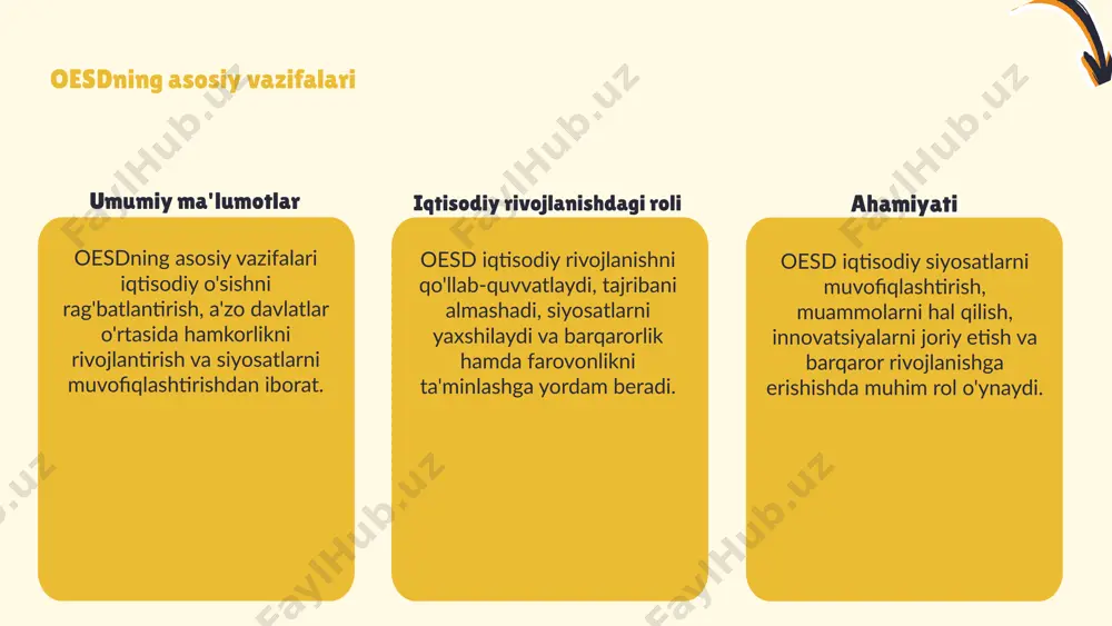muammolarni hal qilishda yetakchilik qilishni maqsad qilgan. oesdning kelajakdagi istiqbollari oesdning iqtisodiy hamkorlikdagi roli oecd global iqtisodiy integratsiya va barqaror rivojlanishda muhim rol o'ynaydi. u savdo, sarmoya, texnologiya almashinuvi va siyosat muvofiqlashtirish orqali iqtisodiy aloqalarni rivojlantiradi. shu bilan birga, muammolarni hal qilishda ham faol ishtirok etadi. a'zolari iqtisodiy bog'liqlikni kengaytirishga, o'sishni qo'llab-quvvatlashga, yangi bozorlar ochishga, sarmoyalarni jalb qilishga va iqtisodiy siyosat hamkorligini mustahkamlashga e'tibor qaratadi. bu esa, global iqtisodiyotda barqarorlik va rivojlanishga xizmat qiladi. 1 2 oesd va rivojlanish strategiyalari oesdning rivojlanish strategiyalari iqtisodiy o'sish, barqarorlik va rivojlanishni ta'minlashga qaratilgan. bu strategiyalar davlatlararo hamkorlikni kuchaytirish, iqtisodiy siyosatlarni muvofiqlashtirish va qashshoqlikni kamaytirishga yordam beradi. ularning asosiy yo'nalishlari: innovatsiyalarni qo'llab-quvvatlash, savdo va investitsiyalarni rivojlantirish, moliyaviy barqarorlikni ta'minlash va inson kapitalini rivojlantirishdir. bu strategiyalar orqali oesd iqtisodiy hamkorlikni mustahkamlashga intiladi. shuningdek, oesdning rivojlanish strategiyalari mustahkam iqtisodiy oqimlar va uzoq muddatli barqarorlikni qo'llab-quvvatlashga xizmat qiladi. bu, o'z navbatida, global iqtisodiyotni rivojlantirish va ijtimoiy farovonlikni …