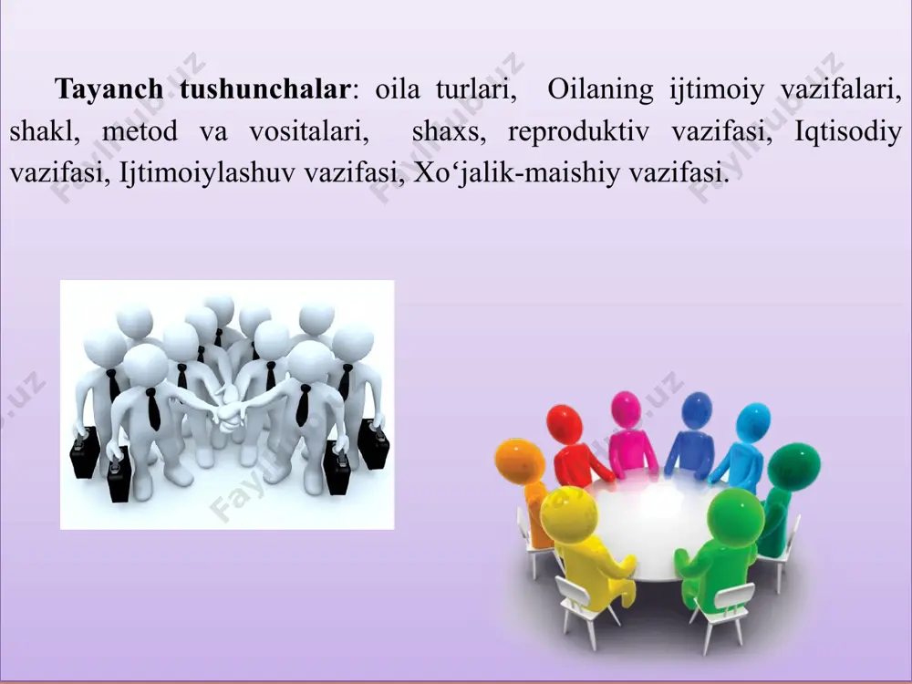 timoiylashuv vazifasi-oila bola shakllanishiga taʼsir qiluvchi birinchi va asosiy ijtimoiy guruh hisoblanadi. oilada ota-onalar va bolalarning tabiiy-biologik va ijtimoiy aloqalari uzviy bogʻlanib keladi. oila mikromuhit sifatida bolaning ruhiy, jismoniy va ijtimoiy rivojlanishiga oʻz taʼsirini koʻrsatadi. oilaning vazifasi bolani asta-sekinlik bilan jamiyatga tayyorlashdir. oilada insonga taʼlim va tarbiya beriladi, uning aqliy, ijodiy qobiliyatlarining rivoji sodir boʻladi. aynan oilada bola mehnat va mustaqillikka oʻrganadi. tarbiyaviy vazifa. biz bu funksiyani alohida ajratib koʻrsatamiz, chunki u bolaning ilk ijtimoiylashuvi jarayonida muhim rol oʻynaydi. bola shakllanishiga shuningdek, atmosfera va iqlimning taʼsiri ham bor. tarbiyaning eng muhim vositalaridan biri shaxsiy namunadir. rekreatsion va psixoterapevt funksiyasi. bu funksiya shunda namoyon boʻladiki, oilada hamma oʻzini qulay sezishi lozim. ruhshunoslar, sotsiologlar, pedagoglarning kuzatishlariga koʻra inson kuchlari oila sharoitida jadal tiklanadi. oilaning ijtimoiy maqomi. oilaning jamiyatda moslashuvining ko‘rsatgichi uning ijtimoiy maqomi hisoblanadi, ya’ni oilaning bugungi kundagi holati. oila maqomi oila a’zolarining individual tavsiflari majmuasidan shakllanadi. oilaning to‘rtta maqomi mavjud bo‘lib, …