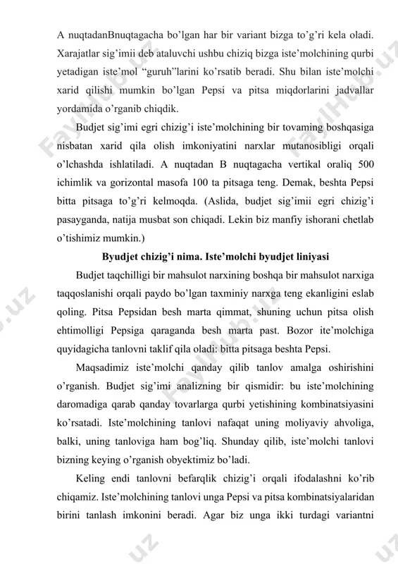 olchining pitsaga xohishi kamaysa, a nuqtadan b nuqtagacha bo’lgan variantlar uni birdek xursand qilishga qodir. agar pitsaga bo’lgan ehtiyoj yana kamaysa,b nuqtadan c nuqtagacha pepsi iste’moli yana ortadi va hokazo. befarqlik egri chizig’i iste’molchining xohishini bir-birini o’rnini bosuvchi tovarlar majmui bilan ham qondira oladi. bu chekli almashtiruv darajasi (mrs) deyiladi. yuqoridagi holatda chekli almashtiruv darajasinazariyasi bo’yicha pepsining nechtasi pitsaning bittasi o’rnini “egallay olishi”ni o’lchash mumkin. iste’molchining befarqlik egri chizig’i dek o’zgarmas bo’lmagani bilan chekli almashtiruv darajasi befarqlik egri chizig’i bilan bir xil bo’lolmaydi. iste’molchining bir tovami boshqasidan ortiq ko’rishi uning xohishidagi tovarlar miqdoriga va iste’molchining ahvoliga ham bog’liq. masalan iste’molchining pitsa yoki pepsi xarid qilishida uning och yoki chanqaganligiga, shuningdek, qancha iste’mol qila olishiga qaraladi. iste’molchi barcha befarqlik egri chizig’ilardan birdek qoniqish hosil qiladi. ammo u ba’zilarini afzalroq ko’rishi ham mumkin. chunki u kamroq chiqimni, pastroq xarajatni afzal ko’rishi mumkin. 2-chizmada i2 chiziqning istalgan nuqtasidan i1 chiziq yaxshiroqdir. iste’molchining befarqlik …