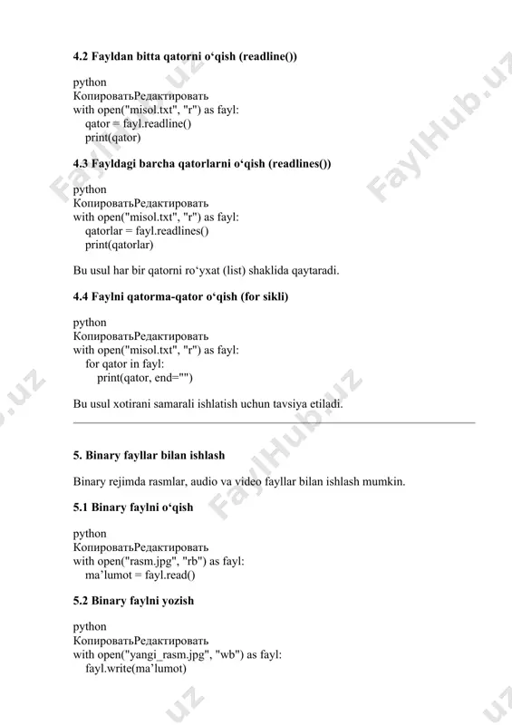 asb": "dasturchi" } with open("malumot.json", "w") as fayl: json.dump(malumot, fayl) 7.2 json faylni o‘qish python копироватьредактировать with open("malumot.json", "r") as fayl: malumot = json.load(fayl) print(malumot) 8. fayllarni o‘chirish faylni o‘chirish uchun os kutubxonasidan foydalanish mumkin. python копироватьредактировать import os if os.path.exists("misol.txt"): os.remove("misol.txt") else: print("bunday fayl mavjud emas!") xulosa python dasturlash tilida fayllar bilan ishlash juda qulay. · open() orqali fayllarni ochish mumkin. · "r", "w", "a" rejimlari orqali turli operatsiyalar bajariladi. · read(), readline(), readlines() usullari bilan fayldan o‘qish amalga oshiriladi. · csv va json kabi maxsus formatli fayllar bilan ham ishlash mumkin. fayllar bilan ishlashda with open() operatoridan foydalanish tavsiya etiladi, chunki u faylni avtomatik yopadi va xatoliklardan himoya qiladi.