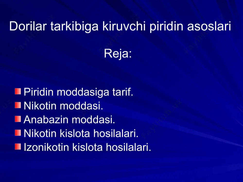 rda nikotin moddasi bilan zaharlanish mumkin. o‘rta osiyo xalqlari o‘rtasida nosvoy keng tarqalganligi uchun nikotindan kelib chiqadigan ko‘ngilsiz hodisalar uchrab turadi. nosvoy tarkibida nikotin zaharini tutuvchi tamakidan tashqari, yana uning ta’sir kuchini oshiradigan, so‘ndirilgan ohak moddasi ham bo‘ladi. bulardan tashqari nosvoy tarkibida sikach va moy moddalari ham uchraydi. tamakini “chilim” va boshqa chekimliklarni chekkanda nikotin doimo nafas yo‘llari va o‘pka orqali organizmga so‘riladi. nikotin o‘zining farmakalogik ta’siri jihatidan nerv hujayralariga zaharli ta’sir etuvchi moddalardan hisoblanadi. u oldin nerv faoliyatiga bir oz qo‘zg‘atuvchi ta’sir ko‘rsatadi. odamni halokatga olib borishi mumkin bo‘lgan nikotin dozasi 0,01-0,08 g. nikotin bilan zaharlanganda (mutlaqo chekmagan odam uchun 1-2 ta papiros, ya’ni 1-4 mg nikotinga tengdir) qattiq bosh og‘rish, bosh aylanish, darmonsizlanish, ich ketish, qusish, yurak urishining tezlashishi, nafas olishning qiyinlashishi kabi ko‘ngilsiz alomatlar paydo bo‘ladi. so‘lak oqishi, nafas qisish, o‘ziga xos tirishish kabi hodisalarga ham olib kelishi mumkin. tamaki va papiros chiqaradigan korxonalarda tamaki changining havodagi …