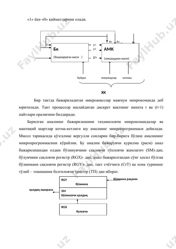 а таркиби ўз новбатида бутун сонли операцияларни қайта ишлаш қурилмаси, бутун сонли ммх кенгайтмали операцияларни қайта ишлаш қурилмаси, сопроцессор, ммх кенгайтмали сопроцессор ва хотира билан алоқа ўрнатиш қурилмаларидан ташкил топган. ҳар қандай рақамли эхм бир неча функционал қурилмадан иборат. буларга информацияни киритувчи ва чиқарувчи қурилма, марказий процессор ох ва дх лар киради. (17.1-расм). микро эхм ларда марказий процессор вазифасини микропроцессор деб аталувчи битта ёки бир нечта бис лар бажаради. информацияни киритувчи ва чиқарувчи қурилма кириш сигналини иккилик кодга, чиқиш сигналини эса ишлатиш учун қулай кўринишдаги сигналга айлантириб беради. киришда қайд қилинган бир неча информация-ларни олиш учун мулғтиплексор информацияни бир нечта чиқишга узатиш учун демулғтиплексор ишлатилади. 17.1-расм. микро эхм нинг соддалаштирилган блок схемаси. дх қурилмасига одатда микро эхм бажарадиган хисоблашлар программаси ҳамда бу хисоблашларни бажаришда керак бўладиган маҳлумотлар ёзилади. ох га эса оралиқ хисоблашлар натижаси ёзилади. 17.2-расм. микро эхм нинг структура схемаси. микро эхм марказий процессори хисоблаш ишларини хамда эхм нинг …