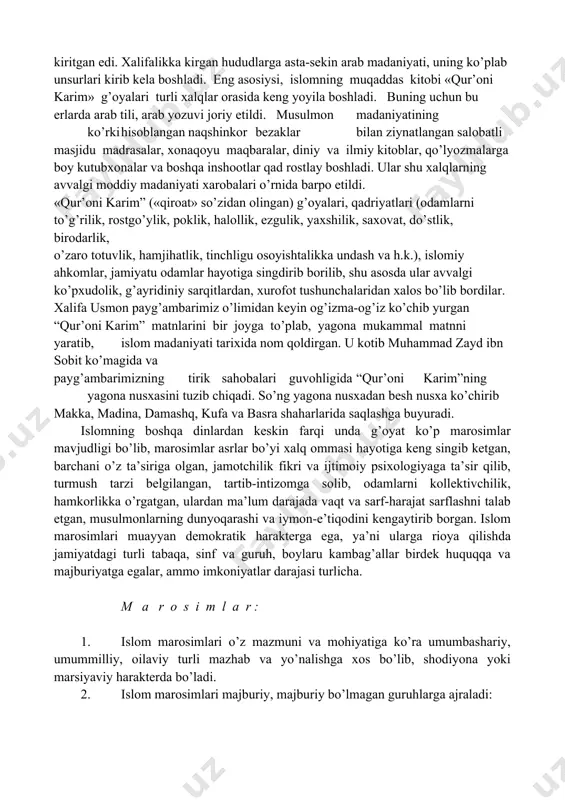 aqa qilish. zakot moli zakot miqdoriga yetgan badavlat kishilar uchun farz etilgan. zakot yetim-esir, beva-bechoralar, musofirlar, qarzdorlar, alloh yo’lida yurganlar, zakot yig’uvchilarga beriladi. zakot hijriy hisob bilan bir yil davomida ishlatilmay turgan yoki shaxsiy ehtiyojdan tashqari xususiy mulk sifatida foydalanilayotgan mablag’dan beriladi. zakot islomdagi ijtimoiy himoyalashning o’ziga xos ko’rinishidir. bu jamiyat taraqqiyoti, tinch va osudaligi yo’lida katta ahamiyat kasb etadi. ro’za yilda bir oy – hijriy qamariy kalendarning ramazon oyi davomida kunduz kunlari yeyish-ichish va jinsiy aloqada bo’lishdan tiyilish. ro’za hijratning ikkinchi yili farz bo’lgan. bu ibodat kasal yo safarda bo’lgan kishilardan boshqa kunlarda tutib berish sharti bilan soqit qilinadi. sababsiz ro’zani buzgan kishi uning kafforati sifatida ikki oy paydar-pay ro’za tutishi lozim bo’ladi. shuningdek, ro’za ramazondan tashqari oylarda ham tutilishi mumkin. masalan, nafl ro’za yoki qasamni buzishdagi kafforat ro’zasi tutiladi. haj qodir bo’lgan kishi uchun umrida bir marta makka shahridagi ka’bani ziyorat qilish va ushbu ibodat o’z ichiga oladigan …
