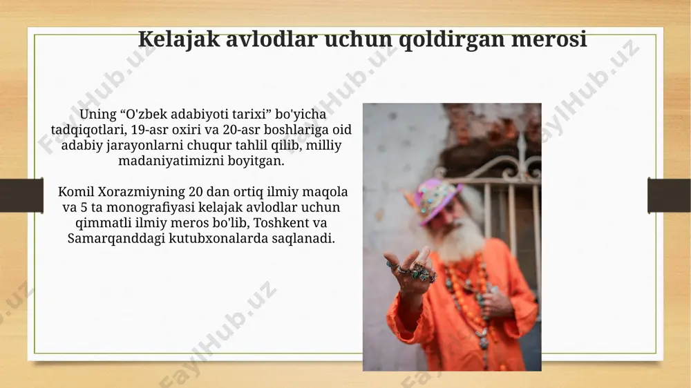 урмуши, 1990-йиллардаги ижтимоий-иқтисодий вазият ва 2 та муҳим тарихий воқеа тасвирланган. комил хоразмийнинг 1980-йиллардаги наср жанридаги ижоди бухоро ва самарқанд тарихий воқеаларига бағишланган ҳикоялар ва қиссалардан иборат бўлиб, уларда 20 га яқин образлар тасвирланган. merosining o'rganilishi комил хоразмийнинг математикага қўшган ҳиссасини баҳолашда, унинг 12-асрда ёзилган, 300 дан ортиқ математик масалани ўз ичига олган асарлари ўзбекистон фанлар академиясининг архив фондида сақланади. комил хоразмий меросини ўрганишда 20 дан ортиқ илмий мақола ва 5 та монография, асосан тошкент ва самарқанд университетларида яратилган. adabiyotshunoslikdagi hissasi комил хоразмийнинг адабий жанрлар, хусусан, лирика ва драматургияга оид тадқиқотлари 3 та чет тилига таржима қилинган ва жаҳон адабиётшунослигига ҳам ўз ҳиссасини қўшган. унинг "ўзбек адабиёти тарихи" каби фундаментал асарлари тошкент, самарқанд ва бухоро каби шаҳарлардаги олий ўқув юртларида дарслик сифатида фойдаланилган ва адабиётшуносликка катта таъсир кўрсатган. ilmiy faoliyatining boshlanishi uning dastlabki ilmiy ishlari, taxminan 25 yoshida, algebra va sonlar nazariyasi bo'yicha o'zbekistonlik mashhur matematiklar bilan hamkorlikda amalga oshirilgan. …