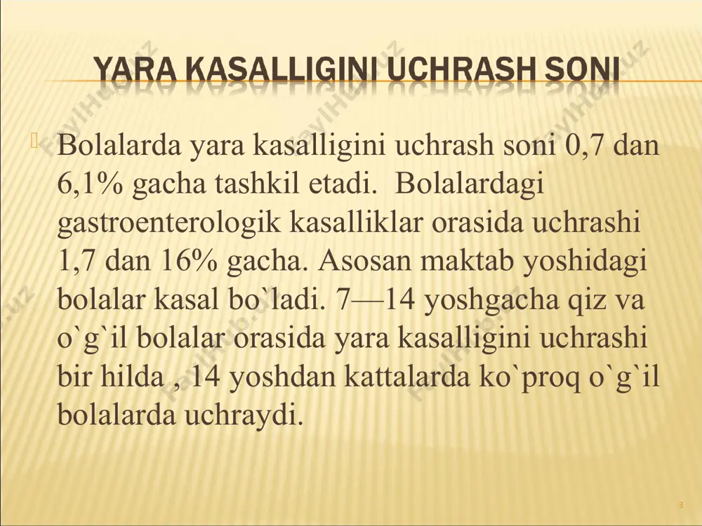sh. 4. oshqozon shirasini tekshirish. 5. umumiy qon va peshob tahlili. 6. xelikobakter pilorini aniqlash uchun ureaz test. * 12 barmoq ichak yarasi oshqozon yarasi * oshqozon yoki 12 barmoq ichakdagi chuqurlikni bariy bilan to`lishi natijasida nisha xosil bo`ladi. 12 barmoqli ichakni piyozchasida - 81%. oshqozonning piloroantral bo`limida - 3% o`lchami: kichik – diametri 0,5 sm gacha, o`rta –0,5 sm dan 1 sm gacha, katta – 1 sm dan 2 sm gacha va gigant yara - 2 sm oshiq. * * * 3% bolalarda kasallik boshlanishi asorat belgilari bilan. 1.qon ketish. 2.perforasiya. 3.penetrasiya. 4.malignizasiya. 5.stenozlashishi. 6.reaktiv gepatit. 7.reaktiv pankreatit. 1. antasidlar: remagel, alyumag, fosfalyugel, mааloks, kamaloks. 2. antisekritor preparatlar: а) h2 gistamin reseptorlarini blokatorlari: famotidin, ranitidin va zantak. б) «proton pompa» ingibitorlari : omeprozol, losek 3. xelikobakter piloriga qarshi davo: klaritromisin, amoksosillin, tetrasiklin. 4. vismut preparatlari: de-nol. 5. vitaminoterpiya (ayniqsa b guruhi vitaminlari). 6. regenerasiya jarayonini stimulyatorlari: solkoseril, aktovegil. 7. …