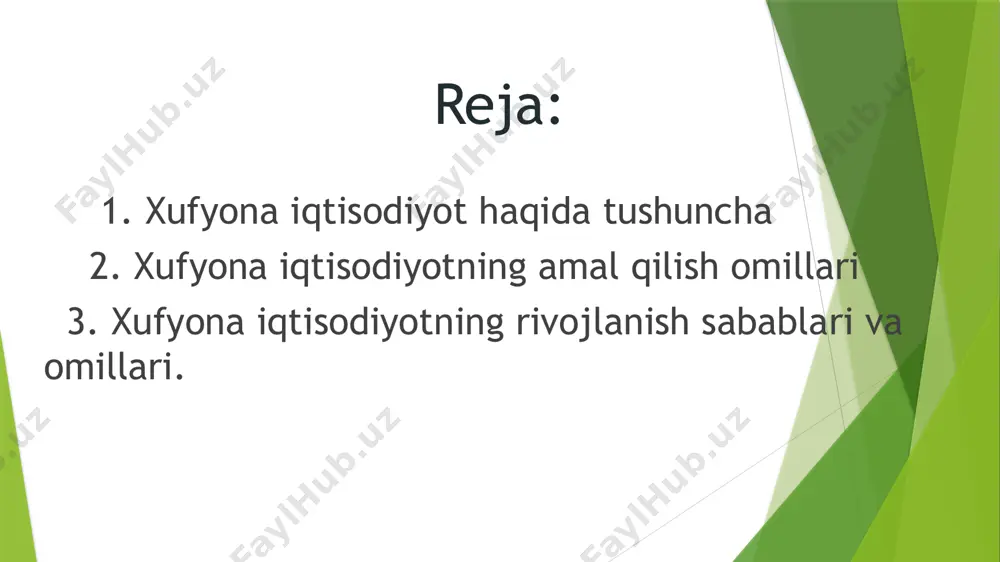 ingan faoliyat turlari deb ta’riflanadi. 2. xufyona iqtisodiyot iqtisodiy faoliyatning kuzatilmagan va yashirin faoliyat turi. 3. xufyona iqtisodiyot rasmiy statistikada u yoki bu sabablarga ko‘ra hisobga olinmagan har qanday iqtisodiy faoliyat bo‘lib, unda ishlab chiqarilgan mahsulot va xizmatlar yalpi ichki mahsulot tarkibiga kiritilmaydi hamda soliqqa tortishdan chetda qoladi xufyona iqtisodiyot sohasidagi faoliyat miqyosi va xarakterining o‘zgaruvchanlik chegaralari juda kengdir – jinoiy faoliyatdan (masalan, narkobiznesdan) olinadigan katta daromadlardan tortib, to tuzatilgan jo‘mrak uchun vodoprovodchi ustani bir shisha aroq bilan “mukofotlash”gacha jarayonlarni o‘z ichiga oladi. xufyona iqtisodiy faoliyat o‘zining natijaviyligi ko‘ra ishlab chiqarish va qayta taqsimlash faoliyatlari turlariga bo‘linadi. rasmiy iqtisodiyotga munosabati bo‘yicha xufyona iqtisodiyotning ichki iqtisodiyot va parallel iqtisodiyot kabi turlari mavjud xufyona iqtisodiyotning takror ishlab chiqarish bosqichlari bo‘yicha quyidagi turlari aniqlanadi: – xufyona ishlab chiqarish; – xufyona taqsimot; – xufyona ayirboshlash; – xufyona iste’mol. iqtisodiy fanda iqtisodiyotning qaysi sektorga, ya’ni norasmiy, kiriminal, fiktiv, xufyona yoki ochiq, rasmiy iqtisodiyotga tegishli ekanligini …