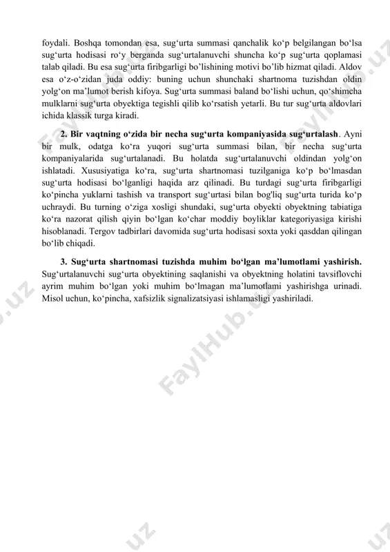 ma tuzishdan oldin yolg‘on ma’lumot berish kifoya. sug‘urta summasi baland bo‘lishi uchun, qo‘shimcha mulklarni sug‘urta obyektiga tegishli qilib ko‘rsatish yetarli. bu tur sug‘urta aldovlari ichida klassik turga kiradi. 2. bir vaqtning o‘zida bir necha sug‘urta kompaniyasida sug‘urtalash. ayni bir mulk, odatga ko‘ra yuqori sug‘urta summasi bilan, bir necha sug‘urta kompaniyalarida sug‘urtalanadi. bu holatda sug‘urtalanuvchi oldindan yolg‘on ishlatadi. xususiyatiga ko‘ra, sug‘urta shartnomasi tuzilganiga ko‘p bo‘lmasdan sug‘urta hodisasi bo‘lganligi haqida arz qilinadi. bu turdagi sug‘urta firibgarligi ko‘pincha yuklarni tashish va transport sug‘urtasi bilan bog'liq sug‘urta turida ko‘p uchraydi. bu turning o‘ziga xosligi shundaki, sug‘urta obyekti obyektning tabiatiga ko‘ra nazorat qilish qiyin bo‘lgan ko‘char moddiy boyliklar kategoriyasiga kirishi hisoblanadi. tergov tadbirlari davomida sug‘urta hodisasi soxta yoki qasddan qilingan bo‘lib chiqadi. 3. sug‘urta shartnomasi tuzishda muhim bo‘lgan ma’lumotlami yashirish. sug‘urtalanuvchi sug‘urta obyektining saqlanishi va obyektning holatini tavsiflovchi ayrim muhim bo‘lgan yoki muhim bo‘lmagan ma’lumotlami yashirishga urinadi. misol uchun, ko‘pincha, xafsizlik signalizatsiyasi ishlamasligi yashiriladi. image1.png