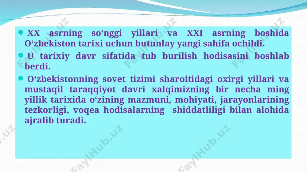 uridagi о‘zbekistonning eng yangi tarixi bо‘yicha jamoatchilik kengashi о‘zbekiston respublikasi fanlar akademiyasi huzuridagi о‘zbekistonning eng yangi tarixi bо‘yicha jamoatchilik kengashiga aylantirish bo’yicha prezident qarori (pq-2789) qabul qilindi. 2017 yil 30 iyunda пқ-3105 “o’zr fa huzurida o’zbekistonning eng yangi tarixi bo’yicha jamoatchilik kengashi” tashkil etildi. 2019 yil 11 iyulda “o’zbekiston tarixi” telekanalini tashkil etish chora-tadbirlari to’g’risida” o’zbekiston respublikasi prezidentining qarori (pq-4390) qabul qilindi. vatanimiz tarixi yoshlarga xalqimizning o`tmishi, tarixi haqida bilim berib qolmasdan balki ulami vatanparvar, insonparvar, ma‘naviy jihatdan komil inson boiib yetishishlarida dastur-amal hisoblanadi. vatanimizni keyingi avlodlarga yanada obod, qudratli, har tomonlama rivojlangan holatda yetkazish davrimizning dolzarb vazifasiga, talabiga aylandi. bu mas‘uliyatli va sharafli vazifani ado etish yoshlarga, ularning ma‘naviy barkamolligiga bog`liqdir