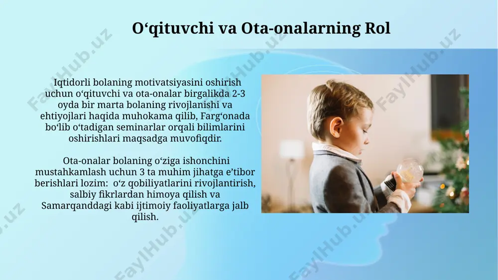 n o'tkazilgan) bolalarning o'ziga ishonchini 40% ga oshirib, motivatsiyani kuchaytirdi. motivatsiya soha-si: umumiy nuqtai motivatsiya darajasi turli xil fanlar bo'yicha farqlanadi; masalan, matematika sohasida yuqori natijalarga erishgan bolalarning 65%i muvaffaqiyatga intilish bilan, 35%i esa o'z qobiliyatlarini rivojlantirish bilan bog'liq motivatsiyaga ega. iqtidorli bolalarning 70% gacha bo'lgan qismi o'ziga xos motivatsion profilga ega bo'lib, ularning 30%i ichki, 40%i tashqi motivatorlarga ko'proq moyil bo'ladi, bu esa samarqanddagi tadqiqotlar bilan tasdiqlangan. tashqi motivatsiya omillari 2018 йилда ўтказилган 50 та ўқувчининг тошкент шаҳридаги мактаблардаги тадқиқоти, ташқи мотивация омилларининг 70%и ота-оналарнинг кутилганлари билан боғлиқ эканлигини кўрсатди. мактаблардаги баҳолаш тизими, хусусан, юқори баҳолар учун бериладиган совғалар (масалан, 10 таликка янги телефон) 10-15 ёшли истеъдодли болаларнинг ташқи мотивациясига кучли таъсир кўрсатади. muvaffaqiyat va muvaffaqiyatsizlikka munosabat samarqanddagi tadqiqotlar shuni koʻrsatdiki, 100 ta isteʼdodli bolaning 65 foizi muvaffaqiyatga erishgandan keyin oʻzlarini baholashda aniqroq va oʻz-oʻzini anglash darajasi yuqori boʻladi. 2018-yilda fargʻonada oʻtkazilgan testlarda, 5 dan 10 yoshgacha boʻlgan 15 …