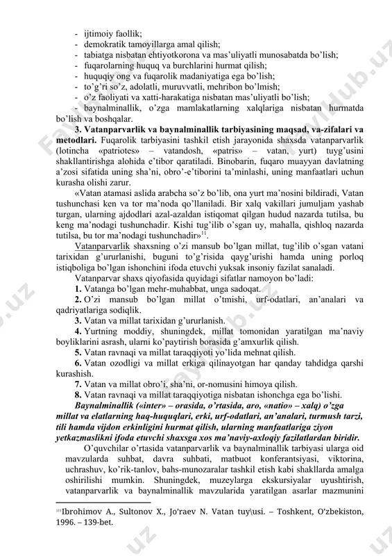 o’quv yurtida tashkil etilayotgan ta’lim-tarbiya jarayoni yuksak darajada uyushtirilishi kerak; 1. fuqarolik tarbiyasini tashkil etish jarayonining muvaffaqiyati o’qituvchi va o’quvchilar jamoasining saviyasiga bog’liq; 1. tarbiyaviy ishning rejali, uzluksiz, tizimli bo’lishiga erishish; 1. oila, maktab va mahalla o’rtasida o’zaro hamkorlikning yuzaga kelishi fuqarolik tarbiyasining muvaffaqiyatini ta’minlaydi; 1. o’quvchilarning axloqiy va huquqiy me’yorlar, umumiy tartibga qat’iy rioya etishga o’rgatish, zimmasidagi burchni to’laqonli ado etishlariga e’tiborni qaratish. fuqarolik tarbiyasini tashkil etishda suhbat, munozara, ma’ruza, bahslardan foydalanish, mashq, test, anketa savollarga javoblar olish kutilgan natijani qo’lga kiritishga imkon beradi. fuqarolik tarbiyasida uning natijasini hisobga olish muhim ahamiyatga ega. bunda o’quvchining tarbiyalanganlik darajasi asos qilib olinadi. ushbu maqsadda diagnostik (tashhis qo’yish), statistik va qiyosiy tahlil tahlilni olib borish lozim. ijtimoiy fuqarolik tarbiyasining tashkil etilishi natijasida kamol topgan fuqaro o’zida quyidagi sifatlarni namoyon eta olishi lozim: · fuqarolik burchini bajara olish (o’z vatani, xalqi, ota-onasi oldidagi majburiyatni his eta olish) qobiliyatiga egalik; · milliy g’urur va …
