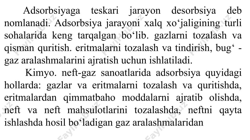 entlar zichligi, ekvivalent diametri, mustahkamligi, granulometrik tarkibi. solishtirma yuza kabi xossalari bilan xarakterlanadi. sanoatda ko‘pincha granula (2...7 mm) ko‘rinishidagi yoki o‘lchamlari 50...200 mkm bo‘lgan kukunsimon adsorbcntlardan foydalaniladi. oziq-ovqat sanoatida tuproqsimon adsorbentlar vino, pivo, meva sharbatlari. o’simlik yog‘larini rafinatsiya qilish va boshqa maqsadlarda ishlatiladi. pivoni tozalash uchun esa, sirt faol bentonitdan keng ko‘amda foydalaniladi. masalan, natriyli bentonit vinoni nafaqat tozalaydi va mo‘tadillaydi, balki uni yetilish jarayonini tezlashtiradi va muddatini qisqartiradi. adsorbsiya jarayoni muvozanati adsorbsion kuchlar tabiatidan qat’i nazar, adsorbentning massa yoki hajm birligida yutilgan modda miqdori, yutilayotgan modda tabiati, temperatura, bosim va fazadagi aralashma miqdoriga bog‘liq. jarayondagi qattiq va gaz yoki suyuqlik fazalarida yutilayotgan moddaning muvozanat konsentratsiyalari o‘rtasida quyidagi bog‘liqlik bor: temperatura pasayishi, bosim ortishi va fazalarda qo‘shimcha aralashmalar bo‘lmasa, adsorbsiya jarayoni tezlashadi. adsorbsiya izotermasining turi ko‘pgina omillarga: adsorbentning solishtirma yuzasi, kovaklar hajmi, adsorbent tuzilishi, yutilayotgan modda xossalari va jarayon temperaturasiga bog‘liq. asosiy 5 xil izotermalar turi keltirilgan. rasmdagi 1 egri …