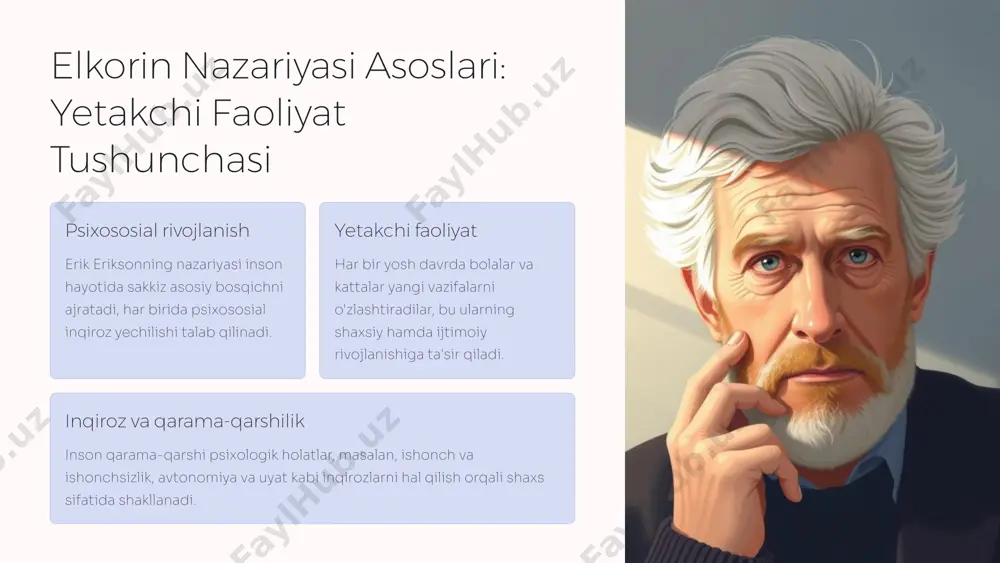 a-onalar doimiy taqiq qo‘ysa yoki bolani ozorlasalar, bola o‘z kuchiga va tanlovlariga shubha qiladi. muvozanat muhimligi bola mustaqillikka rag‘batlantirilganda ijtimoiy va emotsional jihatdan sog‘lom rivojlanadi, aks holda inqiroz kuchayadi. 4 maktabgacha yosh davri (3-6 yosh): tashabbuskorlik va aybdorlik inqirozi tashabbuskorlik bolalar oʻyinlar orqali yaratuvchanlik va tashabbusni o‘rganadilar, bu ularning shaxsiy o‘sishiga yordam beradi. aybdorlik agar ular o‘z harakatlari uchun keskin tanqidga uchrasa, aybdorlik hissi rivojlanadi va tashabbusdan voz kechish mumkin. ota-ona roli qat'iy, ammo mehri bilan tarbiya qilish katta ahamiyatga ega, bu bolaning o‘zgaruvchanlikni boshqarishiga yordam beradi. 5 kichik maktab yoshi davri (6-12 yosh): mehnatsevarlik va inferiority inqirozi 1 mehnatsevarlik bolalar maktabda o‘z qobiliyatlarini isbotlashga intilishadi, bu ularning o‘ziga bo‘lgan ishonchini oshiradi. 2 inferiority hissi agar ular tanqidga ko‘p duch kelsa yoki muvaffaqiyatsizlikka uchrasa, o‘zlarini kam qadrli deb hisoblash mumkin. 3 ijtimoiy taʼsir o‘qituvchilar va ota-onalarning rag‘batlantirishlari bolalarning muvaffaqiyatga bo‘lgan intilishiga taʼsir qiladi. 6 o'smirlik davri (12-18 yosh): identifikatsiya va …