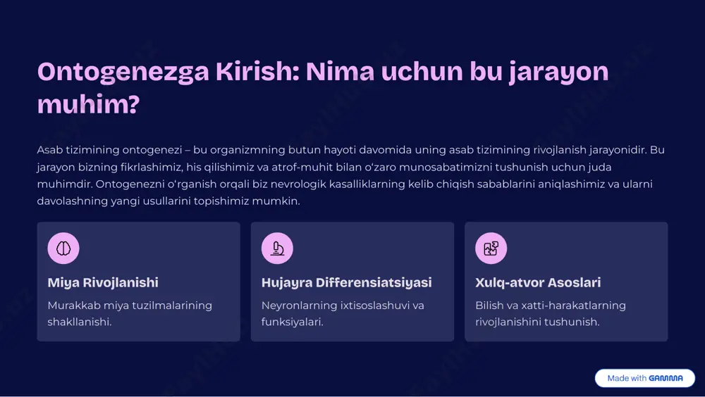 ktsional tuzilmalarini yaratish uchun zarurdir. migratsiya jarayonining aniqligi miyaning to»g»ri ishlashi uchun juda muhimdir. 1 neyrogenez yangi neyronlarning tug'ilishi. 2 hujayra migratsiyasi neyronlarning joylashuviga ko'chishi. 3 tuzilma shakllanishi miya qismlarining o»zaro joylashishi. https://gamma.app/?utm_source=made-with-gamma differensiatsiya va yetuklashish: neyronlarning ixtisoslashuvi migratsiyadan so»ng, neyronlar differensiatsiyalanadi, ya9ni ular ma9lum funksiyalarni bajarish uchun ixtisoslashadi. ba9zi neyronlar his-tuyg»ularni qayta ishlashga, boshqalari harakatlarni boshqarishga yoki xotira hosil qilishga mas9ul bo»ladi. bu jarayon neyronlarning shakli, hajmi va kimyoviy xususiyatlarini o»zgartiradi, ularni o»ziga xos vazifalarga moslashtiradi. neyron turlari sensor neyronlar motor neyronlar interneyronlar https://gamma.app/?utm_source=made-with-gamma sinaptogenez va kesish: aloqalarning shakllanishi va takomillashuvi asab tizimining eng muhim qismi bu neyronlar orasidagi aloqalar 3 sinapslardir. sinaptogenez 3 bu sinapslarning hosil bo»lish jarayoni bo»lib, u miyaning o»rganish va moslashish qobiliyatini ta9minlaydi. dastlab ko»plab sinapslar hosil bo»ladi, ammo miyaning o»sishi bilan keraksiz sinapslar kesiladi, bu esa miya samaradorligini oshiradi. bu jarayon "sinaptik kesish" deb nomlanadi. 1sinaps hosil bo'lishi neyronlar o'rtasida aloqalar shakllanishi. 2 haddan …