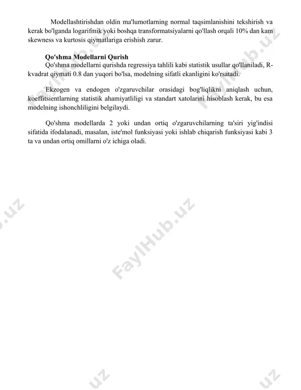 ldin ma'lumotlarning normal taqsimlanishini tekshirish va kerak bo'lganda logarifmik yoki boshqa transformatsiyalarni qo'llash orqali 10% dan kam skewness va kurtosis qiymatlariga erishish zarur. qo'shma modellarni qurish qo'shma modellarni qurishda regressiya tahlili kabi statistik usullar qo'llaniladi, r-kvadrat qiymati 0.8 dan yuqori bo'lsa, modelning sifatli ekanligini ko'rsatadi. ekzogen va endogen o'zgaruvchilar orasidagi bog'liqlikni aniqlash uchun, koeffitsientlarning statistik ahamiyatliligi va standart xatolarini hisoblash kerak, bu esa modelning ishonchliligini belgilaydi. qo'shma modellarda 2 yoki undan ortiq o'zgaruvchilarning ta'siri yig'indisi sifatida ifodalanadi, masalan, iste'mol funksiyasi yoki ishlab chiqarish funksiyasi kabi 3 ta va undan ortiq omillarni o'z ichiga oladi. 📌xulosa qo'shiluvchi va ko'paytirma ekonometrik modellarning qurilishi turli iqtisodiy munosabatlarni tahlil qilishda moslashuvchan va samarali yondashuvni taqdim etadi, bu esa aniqroq prognozlarga olib keladi. 📚foydalanilgan adabiyotlar 1. уокер, э. (2017). қўшимча ва кўпайтирувчи эконометрик моделларни қуриш. (ingliz tilidan tarjima qilingan) 2. грийн, у. (2018). эконометрика. (ingliz tilidan tarjima qilingan) 3. вудръж, г. (2019). замонавий эконометрик моделлаштириш. …
