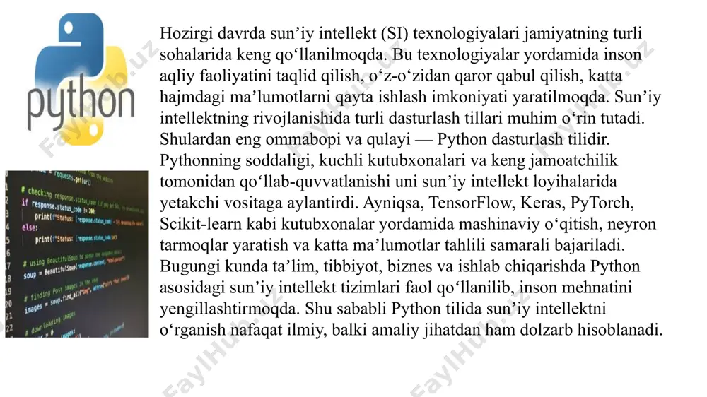 n. oddiy misol sifatida uy narxlarini oldindan taxmin qiluvchi modelni pandas, scikit-learn va matplotlib yordamida qurish mumkin. bu orqali python amaliy loyihalarda o‘zining kuchli imkoniyatlarini namoyon etadi. pythonda sunʼiy intellektni rivojlantirish istiqbollari bugungi kunda python sunʼiy intellektni rivojlantirishda eng asosiy dasturlash tili sifatida tan olingan. uning keng kutubxonalari, soddaligi va ko‘p platformalarda ishlashi sababli tadqiqotchilar ham, dasturchilar ham pythonni tanlashmoqda. google, facebook, microsoft kabi yirik kompaniyalar ham sunʼiy intellekt tizimlarini asosan python asosida ishlab chiqadi. kelajakda pythonda yaratilgan sunʼiy intellekt tizimlari hayotimizning barcha sohalarida qo‘llanishi kutilmoqda. tibbiyotda kasalliklarni erta aniqlash, ta’limda shaxsga mos o‘quv dasturlarini yaratish, biznesda esa mijozlar xatti-harakatlarini oldindan bashorat qilish imkoniyatlari kengayadi. bundan tashqari, transport va robototexnika sohalarida ham pythonga asoslangan modellar muhim o‘rin egallaydi. sunʼiy intellekt rivojlanishi bilan birga xavfsizlik va etika muammolari ham dolzarb bo‘lib bormoqda. masalan, shaxsiy ma’lumotlarning maxfiyligi, algoritmlardagi xatoliklar yoki noto‘g‘ri qarorlar katta oqibatlarga olib kelishi mumkin. shuning uchun python asosida yaratilayotgan …