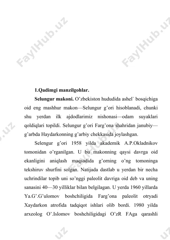 langan. ulardan toshdan yasalgan mehnat qurollaridan 339 tasi, 2520 ta singan, uchrindi tosh qurollar, 101 ta turli shakldagi nukleuslar topilgan. teshiktosh materiallari must`e davri madaniyatining rivojlanishini aniqlash imkoniyatini berdi. g’or–makon rivojlangan must`e davriga oid bo’lib (levallua–must`e) uning so’nggi paleolit davriga o’tish evolyutsiyasini kuzatish mumkin. omonqo’ton g’or-makoni samarqand viloyatidagi zarafshon tog’ tizmasining g’arbiy yonbag’rida joylashgan omonqo’ton qishlog’i yaqinida joylashgan. g’orning kengligi 1,5 m, balandligi 0,9 m, chuqurligi 25 m. g’or-makonning madaniy qatlamlaridan qirg’ich, paykon, plastinkalar, nukleuslar, qo’l chopqilari, osiyo mufloni (arxar), qo’ng’ir ayiq, tog’ echkisi suyagi, gulxan qoldiqlari topilgan. bu yerda yashagan qadimgi odamlar asosan ovchilik va termachilik bilan shug’ullanishgan. obirahmat g’or makoni toshkent shahridan 100 km shimoli—sharqda, g’ariy tyan`—shanning chotqol tizmasidagi paltov soyining yuqori sohilida joylashgan. g’or yoysimon shaklda bo’lib, eni 20 metrdan ortiqroq, janubga qaragan, sathi keng, quruq va yorug’. g’or–makon 1966–1972 yillarda r.x.sulaymonov tomonidan o’rganilgan. u must`ening rivojlangan va so’nggi bosqichlariga oid. unda 10 m qalinlikdagi 21 ta …