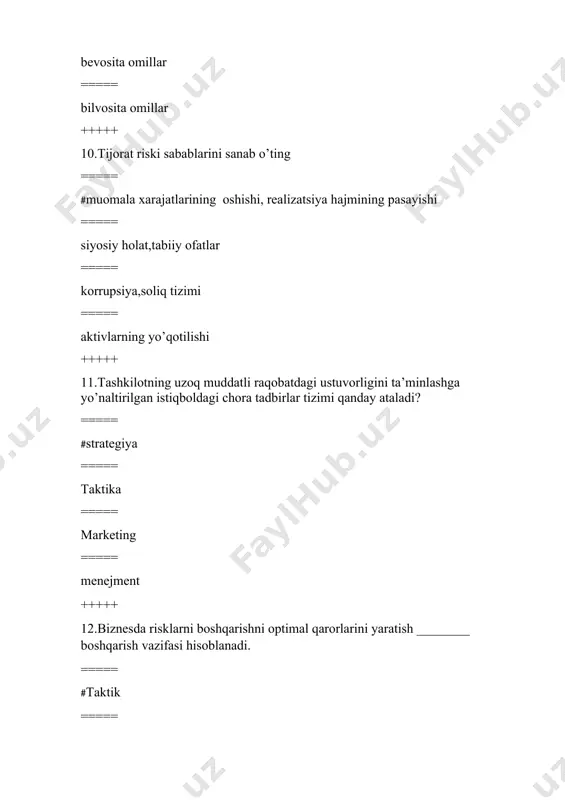 r loyiha yoki tashabbusga qanday ta'sir qilishini aniqlashlari mumkin bo’lgan tahlil usuli nima deyiladi? ===== #swift tahlili ===== delphi metodi ===== decision tree (qarorlar daraxti) tahlili ===== bow tie metodi +++++ 27.senariylar ichida eng yaxshi harakat yo'nalishini aniqlashga yordam beradigan tahlil usuli qaysi? ===== #decision tree (qarorlar daraxti) tahlili ===== swift tahlili ===== delphi metodi ===== bow tie metodi +++++ 28.___________ bitta o'zgaruvchiga, masalan, pul oqimiga, unga ta'sir qilishi mumkin bo'lgan bir qator boshqa omillar (yoki o'zgaruvchilar) o'zgarishiga qanday ta'sir qilishini tushunishga qaratilgan tahlil usulidir. ===== #regression tahlil ===== value at risk tahlili ===== scenario analysis ===== security analysis +++++ 29.______________bu firma yoki investitsiya uchun potentsial yo'qotishlar xavfini aniqlashning bir usuli. ===== #value at risk ===== regression tahlil ===== security analysis ===== scenario analysis +++++ 30.risklarni boshqarishning qaysi usuli takroriy tasodifiy tanlab olish orqali noaniq jarayonda yuzaga keladigan bir nechta mumkin bo'lgan natijalarning koeffitsientlarini hisoblashning matematik usuli hisoblanadi? ===== #monte …