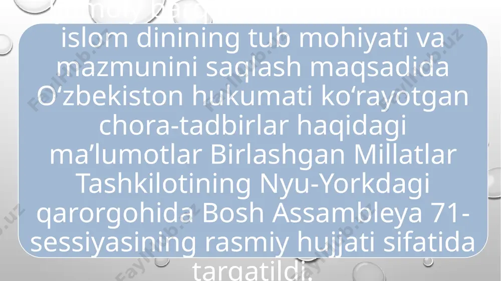 lar mazkur markazdan o‘z o‘rnini topadi. muzeyning qoq markazida muqaddas qur’oni karimning mushafi usmon nusxasi joylashtiriladi. yuqoridagilar bilan birga, materialda xabar berilganidek, imom moturidiy nomli markazda qalam ilmini o‘rganish bo‘limi, farg‘onada marg‘inoniy nomli markaz negizida islom huquqi maktabi, buxorodagi bahouddin naqshband markazida so‘fiylik tadqiqotlari markazi, qashqadaryo viloyatidagi abu muin an-nasafiy markazi negizida aqoid tadqiqotlari markazini tuzish masalalari ishlab chiqilmoqda. shu tariqa barcha yo‘nalishlar bo‘yicha mamlakatni rivojlantirish, ma’rifiy islomni qayta tiklash va targ‘ib etish, uning sofligini asrash, shuningdek, millatlararo va dinlararo do‘stlikni hamda jamiyat jipsligini mustahkamlash bo‘yicha o‘zbekistonda amalga oshirilgan keng qamrovli ishlar haqidagi batafsil ma’lumotlar bmt hujjatida o‘z aksini topdi. "ijtimoiy barqarorlikni ta'minlash, muqaddas dinimizning sofligini asrash – davr talabi" mavzusidagi videoselektor yig‘ilishi bo‘lib o‘tdi 15 iyun kuni toshkent shahrida "ijtimoiy barqarorlikni ta'minlash, muqaddas dinimizning sofligini asrash – davr talabi" mavzusida anjuman bo‘lib o‘tdi. tadbirda o‘zbekiston musulmonlari idorasi rahbarlari, din arboblari, "nuroniy" va "mahalla" jamg‘armalari, xotin-qizlar qo‘mitasi, "kamolot" yoshlar ijtimoiy …