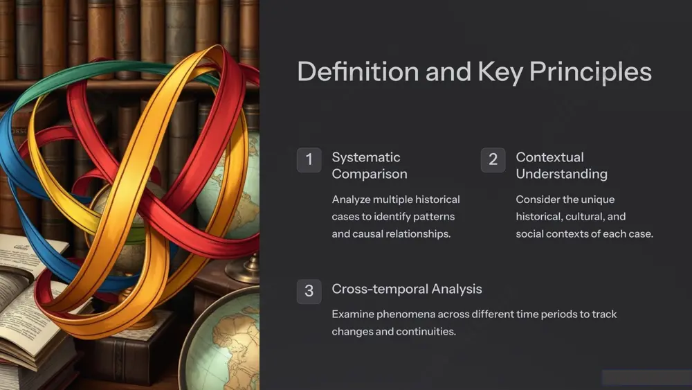 es based on different choices or circumstances. 3 analyze implications assess the potential consequences of these alternative historical paths. 6 establishing causal relationships identify variables determine key factors influencing historical outcomes across cases. assess impact evaluate the relative importance of different variables in shaping events. establish patterns recognize recurring causal relationships across multiple historical cases. 7 evaluating competing explanations explanation strengths limitations economic determinism highlights material factors may oversimplify complex events great man theory focuses on key individuals underestimates broader social forces cultural approach emphasizes societal values can neglect economic/political factors 8 generalizability and limitations strengths allows for broader historical insights and theory development. challenges limited by available historical data and potential researcher bias. considerations requires careful case selection and awareness of contextual differences. 9 ethical considerations in comparison 1 cultural sensitivity respect diverse cultural contexts and avoid ethnocentric interpretations. 2 balanced representation ensure fair treatment of different historical perspectives …