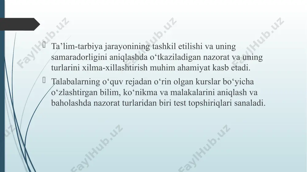 masligi lozim. o‘quv kurslari bo‘yicha dtm topshiriladigan test topshiriqlarining soni 200 tadan kam bo‘lmasligi, shaklan har xil va mazmunan bir xil test topshiriqlari bo‘lmasligi va takrorlanmasligi zarur. test topshiriqlarining materiallari microsoft word dasturiga kiritishda klaviaturadagi belgilardan foydalanish, chizma va rasmli testlarni kiritish qat’iyan man etiladi. har bir test topshirig‘i o‘z pasportiga ega bo‘lishi ularni rasmiylashtirishda quyidagi jadvaldan foydalanish tavsiya etiladi. unda o‘quv kursining nomi, bob va bo‘lim raqami, test topshirig‘ining qiyinlik darajasi, to‘g‘ri javob variantidan oldin “*” belgisi qo‘yilishi, to‘g‘ri javob esa javob variantlarining birinchi ustunida joylashishi lozim. talabalarlarning o‘zlashtirgan bilim, ko‘nikma va malakalarini nazorat qilish va baholashda test topshiriqlaridan foydalanish yo‘llari talabalar tomonidan qiyinchilik darajasi va mazmunan bir xil test topshiriqlarni bajarish orqali olingan natijalariga muvofiq tabaqalashtirish mezoni ularni kuchli, o‘rta va kuchsiz guruhlarga ajratish mumkin. mazkur tabaqalashtirish orqali talabalar tomonidan o‘zlashtirgan bilim, ko‘nikma va malakalaridagi tipik kamchiliklar va bo‘shliqlarni aniqlash, ularga barham berish yo‘llarini topish imkonini beradi. pedagogik …