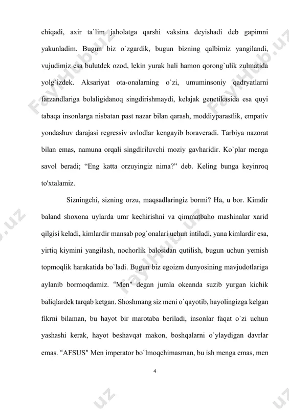 yatlarni o’rganish tajribasi. hayot bu bir butun olamni qabul qilishdir. bunda kutilmagan va biroz qo’rqinchli o’zgarishlar bo’lib, ular faqat eng yaxshi natijalarga olib boradi. bu sarguzashtdir va sizning sezgirligingizga ishonchni oshiradi. bu ajablanish, qiziqish va sinchkovlikdir. bu xatolar va darslardir. hayot bu yo’ldir. bu o’z yo’lingizni yaratishdir o’z darsliklaringizi tuzish, o’z qoidalar majmuingizi yaratish, o’z orzularingizga qarab harakat qilish, o’z qo’rquvlaringiz bilan jang qilishdir. hayot bu spontanlik. qulay va oddiy hayotning quvonchli joyi nimada? biz ega bo’lgan eng yaxshi huquqlar – mustaqillik va tanlovdir. hech narsadan nimadir yaratish qobiliyati, tasavvurni kiritish qobiliyati va mavhumni aniqroq qilish qobiliyati. yangi kuzatuvni ko’rish va o’zingiz uchun katta maqsadni topish qobiliyati. hayot bu yolg’izlik. odamlar yolg’izlik kontseptsiyasidan qo’rqishadi, yoki o’zlari bilan vaqt o’tkazishni unutishdi. yolg’iz bo’lish, yagona bo’lish bu qo’rqish kerak bo’lgan narsa emas. buni qabul qilish kerak va o’zingizning shaxsiy qahramoningiz bo’lishingiz kerak. yolg’izlik, aksincha, dunyoni boshqacha tushunish va ko’rish uchun muloqot qilishni …