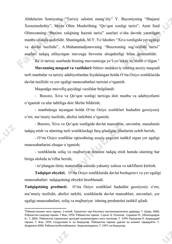 g‘oyasi, tarix fani tamoyillari, umuminsoniy tamoyillar tashkil etgan. shuningdek, o‘zbekiston respublikasi oliy majlisi qonunlari va hukumatining turli mazmundagi hujjatlari, prezident i.a. karimovning mavzuga aloqador asarlari ishning muhim nazariy-metodologik asos bo‘lib xizmat qilgan. tarix fanining tadqiqot usullaridan tarixiylik, xronologik, obyektivlik va xolislikga amal qilindi. bitiruv malakaviy ishning ilmiy yangiligi va amaliy ahamiyati: ishda o‘rta osiyo xonliklari davrida davlat boshqaruvi va yer egaligi munosabatlari yangi ilmiy adabiyotlar va manbalar yordamida yangi nazariy metodologiyaga asoslanib yoritib berishda ko‘rinadi. bmini tayyorlash jarayonida qo‘lga kiritilgan yakuniy xulosalardan o‘zbeksiton tarixdan mashg‘ulotlar olib borishda, seminar mashg‘ulotlariga tayyorlanishda foydalanish mumkin. ishning aprobatsiyasi. ushbu mavzu qarshi davlat universiteti tarix fakulteti “o`zbekiston tarixi” kafedrasi qoshidagi “yosh o`lkashunoslar” to`garagida ma`ruza qilindi va kafedra yig`ilishlarida muhokama qilinib, himoyaga tavsiya etilgan. bitiruv malakaviy ishning tuzilishi: kirish, 2 ta bob, 4 ta pragraf, xulosa va foydalanilgan adabiyotlar ro‘yxatidan iborat. i bob o‘rta osiyo xonliklarida davlat tuzilishi va ma’muriy boshqaruv 1.1. xonliklarning geosiyosiy ўрни va …