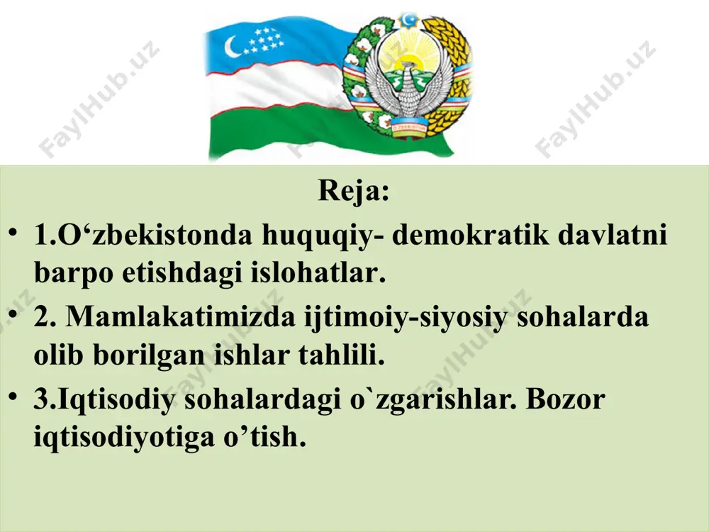 , siyosiy partiyalardan, boshqa jamoat birlashmalaridan mustaqil holda ish yuritadi. dastlabki davrda o‘zbekiston respublikasi sud tizimiga besh yil muddatga saylanadigan quyidagi sudlar kirgan: o‘zbekiston respublikasining konstitutsiyaviy sudi; o‘zbekiston respublikasining oliy sudi; o‘zbekiston respublikasining oliy xo‘jalik sudi; qoraqalpog‘iston respublikasi fuqarolik va jinoyat ishlari bo‘yicha oliy sudlari; qoraqalpog‘iston respublikasi xo‘jalik sudi; fuqarolik va jinoyat ishlari bo‘yicha viloyat va toshkent shahar sudlari; fuqarolik va jinoyat ishlari bo‘yicha tumanlararo, tuman, shahar sudlari; viloyatlar va toshkent shahrining xo‘jalik sudlari; harbiy sudlar. 17 o‘zbekiston respublikasi qurolli kuchlari. 22.05.2024 18 o‘zbekiston respublikasi prezidentininig 1991-yil 6-sentabrdagi farmoniga asosan mudofaa ishlari vazirligi tashkil qilindi. harbiy qasamyod mazkur qaror qabul qilingan kun – 14-yanvar o‘zbekiston respublikasining 1993-yildagi qonuniga muvofiq “vatan himoyachilari kuni” deb e’lon qilindi. 22.05.2024 19 o‘zbekiston respublikasi konstitutsiyasining 93-moddasiga muvofiq prezident mamlakat qurolli kuchlarining oliy bosh qo‘mondoni hisoblanadi. 22.05.2024 20 mamlakatimizda ijtimoiy-siyosiy sohalarda olib borilgan ishlar tahlili. o‘zbekistonning iqtisodiy hayoti:turg‘unlik holatlari 3 o‘zbekistonga agrar respublika sifatida qaralib, unga …