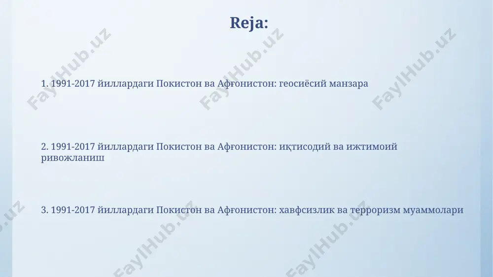 ланишига олиб келди. совет-афғон урушининг оқибатлари ва покистонга таъсири совет-афғон урушидан кейин 3 миллионга яқин афғон қочқини покистоннинг шимоли-ғарбий ҳудудларига, хусусан пешовар ва кветтага қочиб келди, бу ердаги инфратузилмага ва ижтимоий хизматларга жиддий босим ўтказди. 1980-йиллардаги совет-афғон урушининг якуни покистонда сиёсий ноқулайлик яратди, чунки у мамлакат афғонистондаги мухолифат гуруҳларини қўллаб-қувватлаган ва уларнинг кейинги ҳаракатларига таъсир кўрсатган эди. минтақадаги терроризм ва экстремизм покистоннинг шимолий-ғарбий чегара ҳудудларидаги мавжуд бўлган беқарорлик ва мамлакатдаги таъсирчан экстремистик гуруҳларнинг фаолияти, масалан, 5000 дан ортиқ жангарига эга бўлган “талибон”нинг айрим фракциялари, афғонистон билан чегарадош ҳудудлардаги террорчилик ҳаракатларини кучайтирди. 2001 йил 11 сентябрь воқеаларидан кейин ақшнинг афғонистонга бостириб кириши ва толибон режимининг ағдарилиши минтақадаги терроризмнинг янги босқичини бошлаб берди, бунда "ал-қоида" каби халқаро террорчи ташкилотлар фаол иштирок этди. толибоннинг кутарилиши ва покистоннинг роли 1990-йилларнинг бошларида покистоннинг пешовар шаҳри толибоннинг асосий базасига айланди, у ерда улар ҳарбий тайёргарликдан ўтдилар ва 1994 йилга бориб афғонистоннинг катта қисмини эгаллаб олдилар. толибоннинг …