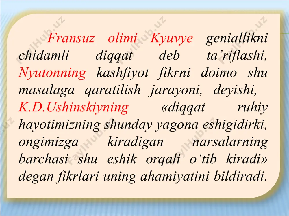 tini biror narsa yoki hodisaga uzoq muddat davomida muttasil qaratib tura olishiga aytiladi. diqqatning kuchli va barqaror bo‘lishi bir qancha sabablarga bog‘liqdir: birinchidan, diqqatimiz qaratilgan narsaning xususiyatlari, biz uchun bo‘lgan ahamiyatiga; ikkinchidan, diqqatimiz qaratilgan narsa bilan amalga oshiriladigan faoliyatlarimizga; uchinchidan, nerv sistemasining ayrim xususiyatlariga. diqqatning bo‘linishi deganda biz ayni bir vaqtda diqqatimizni ikki yoki uch narsaga qaratishimizga aytamiz. konsentratsiyalashgan (to‘plangan) diqqat deb agar diqqatimiz bitta narsaga qaratilgan bo‘lsa, ya’ni bitta narsa ustida to‘plangan diqqatga aytiladi. bo‘lingan diqqat deb agar diqqatimiz ayni bir vaqtda bir necha narsaga qaratilgan diqqatga aytiladi. diqqatning ko‘chuvchanligi odamning diqqati har doim bir narsadan ikkinchi bir narsaga, bir faoliyatdan ikkinchi faoliyatga ko‘chib turishiga aytiladi. p.p.blonskiyning fikricha, odamning ongi bitta ob’yektga qaratilgandan keyin u atrofdagi narsa va hodisalarni ko‘rmaydi s.l.rubinshteyn mulohazasiga ko‘ra diqqat ongga ham, ob’yektning xususiyatlariga ham bog‘liq emas. buning ahamiyatli tomoni diqqatning ob’yektga yo‘naltirilishidadir. a.n.leontyev mulohazasiga ko‘ra, bu oriyentir faoliyati emas, chunki ob’yektning paydo bo‘lishi bilan …