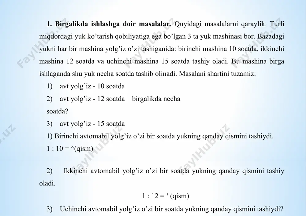 rsligida ko’plab uchraydi. masalan , 3 ta bolalar ko’ylagiga 210 so’m to’landi. 5 ta o’unday ko’ylakka necha so’m to’lanadi. masalani qisqacha shartini quyidagicha ifodalash mumkin. 3 ta bolalar ko’ylagi - 210 so’m 5 ta bolalar ko’ylagi - ? praktikada bu xildagi masalalarning bir necha yechish usullari mavjud: a) proportsiya usuli b) birlikka keltirish usuli v) qayta birlikka keltirish usuli. d) nisbat usuli proportsiya usuli bilan yechganda (bu usul boshlang’ich sinflarda qo’llanilmaydi)quyidagi etaplarga rioya qilinishi kerak. proportsional bog’lanishda bo’lgan miqdorlarni normalarini aniqlash kerak ularning hayotda qanday (to’g’rimi, teskarimi?), proportsional bog’lanishda ekanliklarini ko’z oldimizga keltirish kerak, keyin proportsiyaning birinchi xossasidan foydalanib uni yechish kerak. yuqoridagi masala ustida shunday mulohazalarni o’tkazamiz. masalada oligan pridmet miqdoriga unga yo’nalgan pulo’rtasida proportsional bog’lanish bo’lyapti. ma’lumki ular hayotda to’g’ri proportsional bog’lanishdadir. chunki qancha ko’p bir xil narsa yoki predmet olinsa shuncha ko’p pul bo’linadi.shuni inobatga olib, to’g’ri proportsionanik proportsiyasini tuzamiz. 3 _ 210 5 chetki hadlar ko’paytmasi …