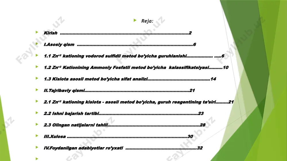hlil qilishda, zn(ii) kationi va h₂s (sulfid kislotasi) o‘rtasidagi reaksiyalarni turli klassifikatsiyalar orqali tushunish mumkin. zn(ii) kationi bilan h2s o‘rtasidagi reaksiyaning asosiy mohiyati - rux sulfidining (zns) hosil bo‘lishi va uning ph ta'siriga bog‘liq eruvchanligi yoki cho‘kma hosil qilish xususiyatidir.zn (ii) kationining h2s bilan reaksiyasi zn(ii) kationi (zn2+)va h2s (sulfid kislotasi) o‘rtasida quyidagi reaksiyalar sodir bo‘ladi: zn2++h2s→zns zn (ii) kationi va h2s o‘rtasidagi o‘zaro ta’sirlar analitik kimyoda turli xil metodlar yordamida kuzatiladi va bu metodlar bilan zns ni aniqlash mumkin.vodorod sulfid - h2s rux ioni bilan ta’sirlashganda oq rangli cho‘kma tushadi: zncl2 + h2s → zns↓ + 2hc1 1.2 zn+2 kationining ammoniy fosfatli metod bo’yicha kalassifikatsiyasi ammoniy fosfat, (nh)3po₄, kimyoviy birikma bo'lib, unda ammoniy (nh4+) kationlari va fosfat (po4-3) anionlari mavjud. (zn²⁺) kationi esa, bir galvalentli metal ion bo'lib, ko'pincha turli xildagi kimyoviy birikmalar hosil qiladi.zn (ii) kationining ammoniy fosfat bilan aloqasini yoki bu birikmaning mumkin bo'lgan hosilalari haqida gapirganda, …