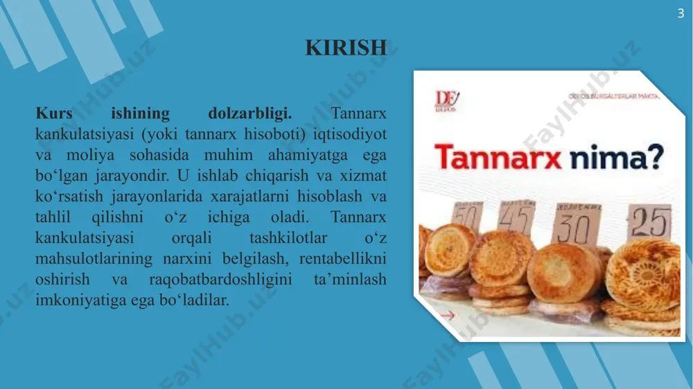 sh ishlab chiqarish ko‘zda tutilayotgan mahsulotning reja tannarxini yoki yaratilgan mahsulotning haqiqiy tannarxini aniqlash imkonini beradi. kalkulatsiya qilish ishlab chiqarish harajatlarining muayyan moddalari bo‘yicha amalga oshiriladi. quyida uning ayrim asosiy moddalarini ko‘rib chiqamiz: 1) xomashyo va materiallar. bular ishlab chiqarish ko‘zda tutilayotgan mahsulotning asosini tashkil etadi. xomashyo hali inson ta’siri katta bo‘lmagan, material esa ma’lum darajada qayta ishlovdan o‘tgan moddalar hisoblanadi. misol uchun, mebel ishlab chiqarishda yog‘och xomashyo hisoblansa, undan tayyorlangan taxtalar material sanaladi; 2) qaytarilgan chiqindilar. ishlab chiqarish jarayonida hosil bo‘lgan chiqindilar qiymati aniqlanib, xarajatlar qiymatidan chiqarib tashlanadi. masalan, mebel ishlab chiqarishda kichik taxta bo‘laklari, yog‘och qipiqlari qiymati mahsulot tannarxidan ayirib tashlanadi; 15 3) yarim tayyor mahsulotlar va sotib olinadigan buyumlar. chetdan sotib olinadigan va mahsulotni tayyorlashda ishlatiluvchi buyumlar. masalan, javon tutqichlari, ular eshigiga o‘rnatilgan qulflar shular jumlasidandir; 4) yonilg‘i va energiya. ishlab chiqarish jarayonida ko‘mir, neft, benzin kabi yonilg‘i, elektr, gaz, bug‘ kabi energiya manbalaridan foydalanish mumkin; 5) …