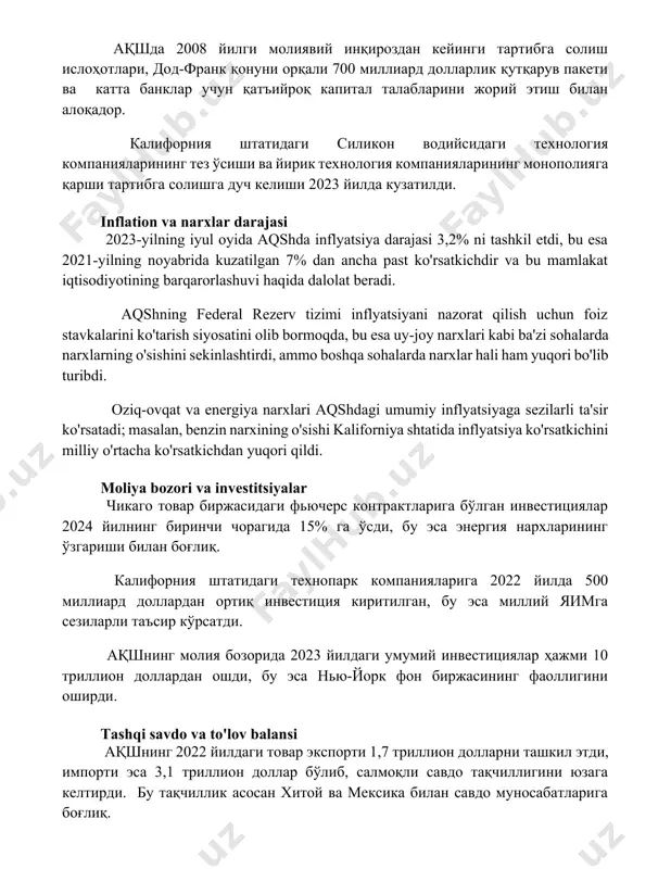 шга бўлган 2023 йилги ҳаракатлари миллий даражадаги таъсир кўрсатди. ақшда 2008 йилги молиявий инқироздан кейинги тартибга солиш ислоҳотлари, дод-франк қонуни орқали 700 миллиард долларлик қутқарув пакети ва катта банклар учун қатъийроқ капитал талабларини жорий этиш билан алоқадор. калифорния штатидаги силикон водийсидаги технология компанияларининг тез ўсиши ва йирик технология компанияларининг монополияга қарши тартибга солишга дуч келиши 2023 йилда кузатилди. inflation va narxlar darajasi 2023-yilning iyul oyida aqshda inflyatsiya darajasi 3,2% ni tashkil etdi, bu esa 2021-yilning noyabrida kuzatilgan 7% dan ancha past ko'rsatkichdir va bu mamlakat iqtisodiyotining barqarorlashuvi haqida dalolat beradi. aqshning federal rezerv tizimi inflyatsiyani nazorat qilish uchun foiz stavkalarini ko'tarish siyosatini olib bormoqda, bu esa uy-joy narxlari kabi ba'zi sohalarda narxlarning o'sishini sekinlashtirdi, ammo boshqa sohalarda narxlar hali ham yuqori bo'lib turibdi. oziq-ovqat va energiya narxlari aqshdagi umumiy inflyatsiyaga sezilarli ta'sir ko'rsatadi; masalan, benzin narxining o'sishi kaliforniya shtatida inflyatsiya ko'rsatkichini milliy o'rtacha ko'rsatkichdan yuqori qildi. moliya bozori va investitsiyalar …