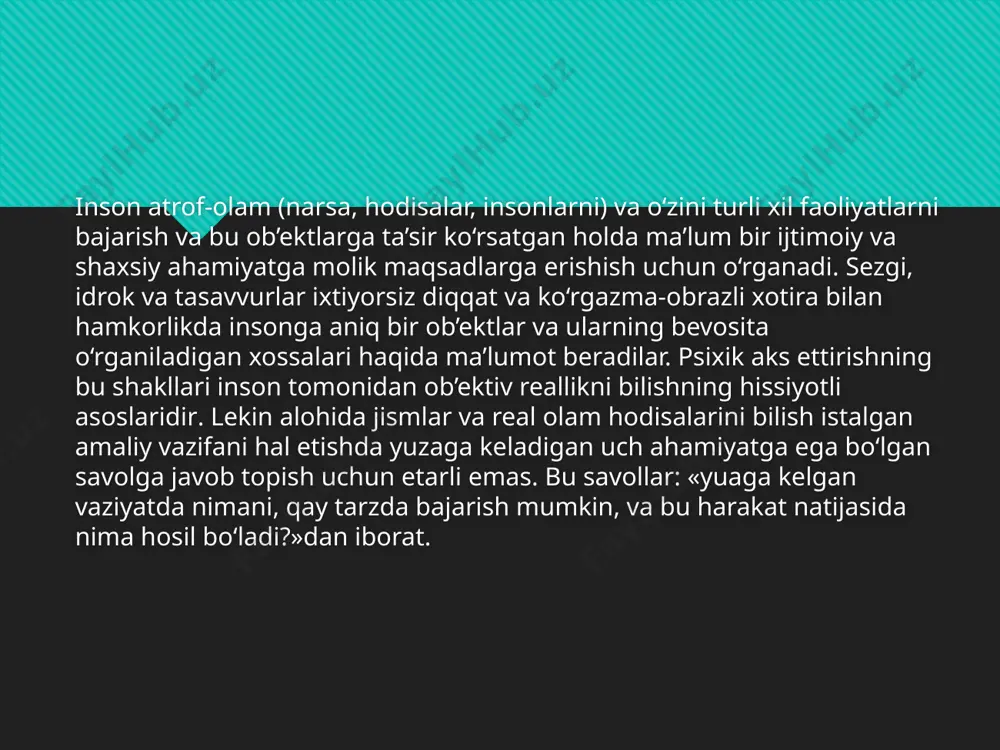 jamoat ishlaridagi faollik bo‘yicha guruhlarga bo‘lish mumkin. tafakkur mazmundorligi deganda insoning tevarak-atrofdagi moddiy voqelik to’g’risida ongda qay miqdorda, ko’lamda mulohazalar, muhokamalar, fikrlar, muammolar, tushunchalar joy olganligi nazarda tutiladi. insonda sanab o’tilgan xarakterdagi g’oyalar to’lib toshsa, shunchalik tafakkur mazmundor bo’ladi. kishilar bir-birlaridan birinchi navbatda tafakkurning mazmundorligi bilan tafovutlanadi. tafakkurning chuqurligi deganimizda moddiy dunyodagi narsa-hodisalarning asosiy qonunlari, qonuniyatlari, xossalari, sifatlari ularning o’zaro bog’lanishlari, munosabatlari, tafakkurimizda to’liq aks etganligini tushunishimiz kerak. tafakkur arsenalida joylashgan narsalarning qay yo’sinda sistemalashganligiga qarab to’g’ri va ratsional yo’l nazarda tutiladi, u yoki bu shaxsning tafakkur chuqurligi to’g’risida qat’iy bir qarorga kelish mumkin. tafakkurning kengligi o’zining mazmundorligi, chuqurligi kabi sifatlari bilan muntazam aloqada bo’ladi. insonlardagi narsa va hodisalarning eng muhim belgi, xususiyatlarini o’zida mujassamlashtirgan o’tmish yuzasidan, hozirgi davr haqida, shuningdek, kelajak to’g’risida mulohazalar, muammolar va tushunchalarni qamrab olgan tafakkur keng tafakkur deyiladi. fikr doirasi keng bilim saviyasi yuqori serg’oya ijodiy izlanishdagi kishilarni aql zakovatli, bilimdon yoki tafakkuri keng kishilar …
