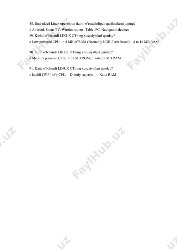 inx for servers 95. o’rnatilgan operatsion tizimlariga misollar toping? windows xp embedded windows ce palm os pocket pc contiki mbet os intel vxworks ecos tinyos freertos 96. arduino platasida joylashgan ram hajmi qanday? # 16 - 64 97. real-vaqt operatsion tizim (rtos) qanday xususiyatga ega? # real-vaqt operatsion tizim (rtos)-muayyan vaqt oralig’ida kirishga javob beruvchi hisoblash muhiti. real-vaqt juda kichik qiymatda bo’lishi munkin, tizim reaksiyasi birdan paydo bo’ladi. real-vaqt va stantart(umumiy) operatsion tizimlar o’rtasidagi farqni o’naganish unchalik qiyin mas yani o’zingizni kompyuter o’yini ichida yurgandek tassavvur qilsez yetarli. 98. rtosning eng ko’p foydalaniladigan turlari qaysilar? # lynxos ose vxworks ecos qnx rtlinux windows ce 99. o’rnatilgan tizimlarning tarkibiy qismlari nimalardan tashkil topgan? # hardware; software; 100. o’t ning aloqa portlari qaysilar? # uart; spi; 12c; usb; ethernet; rs-232 1. o'rnatilgan tizimlarning tarkibiy qismlari nimalardan tashkiltopgan? 38. apparat ta’minot (hardware components) 38. dasturiy ta’minot (software components) 100.o’t ning aloqa portlariqaysilari? 1. …