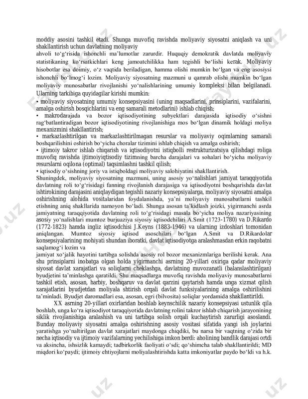 shunga yo‘naltirilganligi orqali uning quyidagi eng asosiy maqsadini aniqlash mumkin: jamiyatning ijtimoiy-iqtisodiy taraqqiyoti, aholi turmushining darajasi va sifatini oshirish uchun moliyaviy sharoitlarni yaratish moliyaviy siyosatning eng asosiy maqsadidir. agar gap korxonalarning moliyaviy siyosati xususida ketadigan bo‘lsa, bu narsa korxona moliyaviy menejerlarining biznesni yuritish maqsadlariga erishish borasidagi maqsadga yo‘naltirilgan faoliyatini anglatadi. korxona moliyaviy siyosatining maqsadi quyidagilardan iborat bo‘lishi mumkin: • raqobat kurashi sharoitida korxonaning sog‘lom faoliyat ko‘rsatishiga erishish; • yirik moliyaviy muvaffaqiyatsizliklardan va kasodga (bankrotga) uchrashdan himoyalanganlik; • raqiblar bilan kurashda yetakchilikka (lider bo‘lishga) erishish; • korxonaning bozor qiymatini ko‘paytirish; • korxona iqtisodiy salohiyatining barqaror o‘sish sur’atlarini ta’minlash; • mahsulot ishlab chiqarish va sotish hajmini oshirish; • foydani maksimallashtirish; • xarajatlarni minimallashtirish; • rentabelli faoliyatni ta’minlash • va boshqalar. korxona moliyaviy siyosatining u yoki bu maqsadlaridagi ustuvorlik, eng avvalo, biznesni yuritishning maqsadlariga muvofiq ravishda aniqlanadi. qo‘yilgan maqsadlarga erishish uchun tegishli moliyaviy mexanizmdan foydalaniladi. moliyaviy siyosat moliyaning o‘zida (boshqaruv obyektlarida) bevosita mujassam …