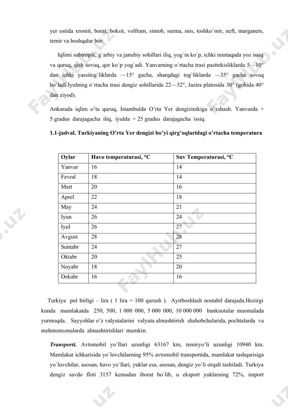 arajada.hozirgi kunda mamlakatda 250, 500, 1 000 000, 5 000 000, 10 000 000 banknotalar muomalada yurmoqda. sayyohlar o’z valyutalarini valyuta almashtirish shahobchalarida, pochtalarda va mehmonxonalarda almashtirishlari mumkin. transporti. avtomobil yo`llari uzunligi 63167 km, temiryo’li uzunligi 10940 km. mamlakat ichkarisida yo`lovchilarning 95% avtomobil transportida, mamlakat tashqarisiga yo`lovchilar, asosan, havo yo`llari, yuklar esa, asosan, dengiz yo`li orqali tashiladi. turkiya dengiz savdo floti 3157 kemadan iborat bo`lib, u eksport yuklarning 72%, import yuklarning 95% ni tashiydi. asosiy portlari: istanbul, mersin, izmir, trabzon, iskandarun, samsun. ankara, istanbul, izmir shaharlarida xalqaro aeroportlar bor. bosfor bo`g`ozi ustiga osma ko`prik qurilgan. turkiyaning eng muhim neft quvuri tarmog`i yiliga 70,9 mln. tonna iroq neftini jeyxan dengiz terminaliga yetkazib beradi. turkiyaning asosiy kurort shaharlari – alaniya, akara, antaliya, belek, bodrum, dalaman, didim, isparta, izmir, istambul, kappadokiya, kemer, konya, kushadasi, marmaris, pamukkale, side, uludag, urgup, fitxiye, cheshme, erzurum. turkiya boshqa mamlakatlardan o’zining boy tarixiy madaniyati, madaniy obidalarining xilma – …