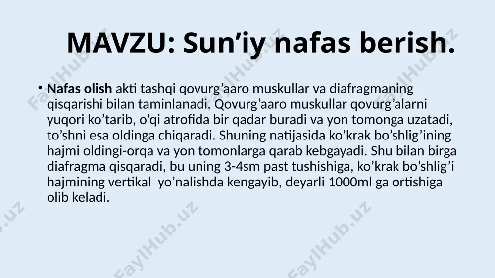 lig’iga dorilar yuborish yo’li bilan ham tiklashga harakat qilinadi. birinchi navbatda nafas yo’llarining o’tkazuvchanligini ta’minlash kerak, bu ish tez va to’g’ri bajarilsa, reanimatsiya muvaffaqiyatli o’tkaziladi. koma va narkoz paytlarida yoki behush bo’lgan bemorlarda til orqaga ketib, nafas yo’llarini berkitib qo’yadi. og’ir jarohatlar natijasida singan tishlar, ezilgan to’qimalar, balg’am va laxta qon, qusuq mahsulotlari ham nafas yo’llarini berkitib qo’yadi. nafas yo’llarining bunday berkilib qolishiga mexanik berkilish yoki asfiksiya deyiladi. mexanik berkilish to’liq va qisman bo’lib, to’liq berkitilganda o’pkaga umuman nafas o’tmaydi, bemor ko’kargan bo’ladi, og’ziga havo yuborilganda ko’krak qafasi ko’tarilmaydi. qisman berkitilganda havo yuborilganda yoki bemor o’zi nafas olsa, qovurg’alar orasi kengayadi, nafas olishda nafas mushaklari qatnashadi. birinchi navbatda bemor tekis joyga yotqizilib, qisgan kiyimlari yechilib, bemorning bo’yni maksimal orqaga qayiriladi va sun’iy nafas berib, nafas olish tiklanadi. e’tiboringiz uchun rahmat!!! image1.jpg image2.jpg image3.jpg image4.jpg image5.jpg image6.jpg image7.jpg image8.jpg image9.jpg /docprops/thumbnail.jpeg