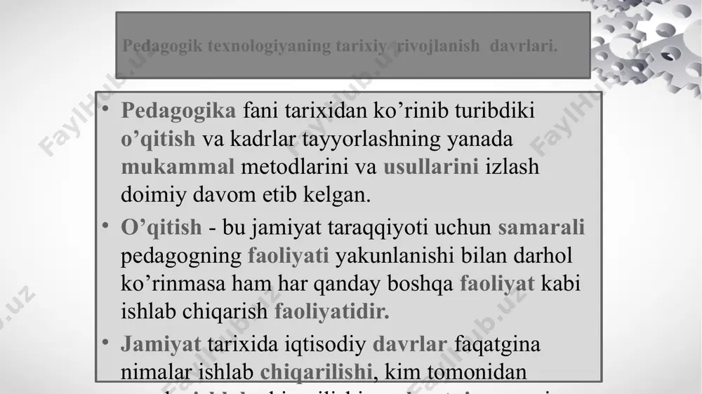 nologiyalari”, “ta’lim muammolari” kabi jurnallar nashr etila boshlandi, pedagogik texnologiyalar muammolari bo’yicha maqolalar “xalq ta’limi”, “pedagogik ta’lim”, “ta’lim va tarbiya” jurnallarida, “ma’rifat”, “o’qituvchilar gazetasi” va boshqa ilmiy-pedagogik nashrlarda bosilib chiqarilmoqda. 1994 yili pedagogik texnologiyalar muammolari bo’yicha 1-respublika ilmiy-nazariy konferensiyasi o’tkazildi, ma’ruzalar va hisobotlar materiallari maxsus to’plamda chop etildi. pedagog olimlar u.nishonaliev, n.s.saidahmedov, n.n.azizxodjaeva, ziyomuhammedov, o’.tolipov, b.l.faberman va boshqalar respublikada pedagogik texnologiyalar muammolari bo’yicha jiddiy tadqiqotlar olib borganlar. bugungi kunda ularni ishlarini yosh olimlar davom ettirishmoqda. 2000 yilda, nizomiy nomidagi toshkent davlat pedagogika universiteti qoshida pedagogika fanlari doktori, professor n.n.azizxodjaeva rahbarligi ostida innovatsion texnologiyalar markazi tashkil etilgan, bu markaz zamonaviy pedagogik va innovatsion texnologiyalar muammolari bo’yicha pedagogik kadrlar malakasini oshirish bilan shug’ullangan. bugungi kun talabidan kelib chiqib markaz o`z faoliyatini yangicha tusda olib bormoqda asosiy adabiyotlar ochilov m. yangi pedagogik texnologiyalar – qarshi.: nasaf, 2000 y. tolipov o‘., usmonboeva m. pedagogik texnologiyalarning tadbiqiy asoslari. – t.: 2005 y. sayidahmedov n. yangi …