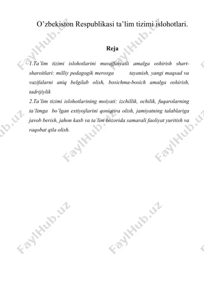 o’zbekiston respublikasi ta’lim tizimi islohotlari. — DOC