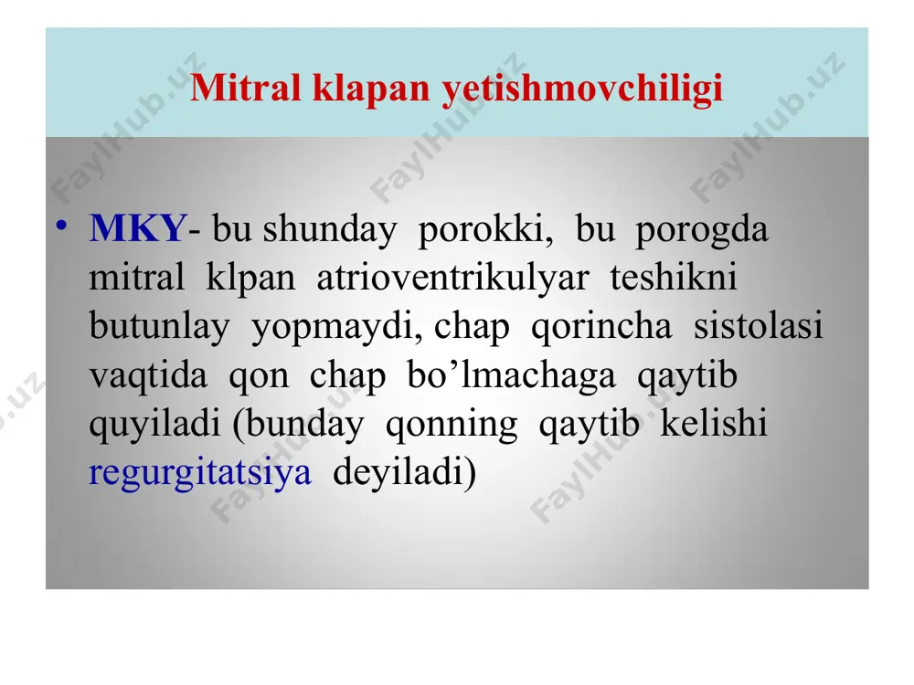 n klapan tabaqasi aortal teshiklarni to’liq yopmaydi va diastola vaqtida qon aortadan chap qorinchaga qaytib keladi. aky etiologiyasi revmatik endokardit septik endokardit ateroskleroz aorta anevrizmasi travma sifilis tug’ma aorta klapan porogi aky klinikasi yurak yetishmovchiligining sezilarli pulsatiyasi sindromi ( ayniqsa chap taraf bilan yotganda) nagruzkada sinkope ( fizik nagruzkalarda hushni yo’qotish) stenokardiya sindromi arterial gipertenziya sindromi aritmiya sindromi ko’rik – terining oqarishi “karotidni pirpirashi” – uyqu arteriyalarining pulsatsiyasi de myusse simptomi – yurak sikli fazalari bilan birga boshning ritmik oldinga va orqaga qimirlashi, chayqalishi kvinke simptomi ( “kapillyar puls”) landolfi simptomi – qisqarish va kengayish ko’rinishida qorachiqning pulsatsiyasi palpatsiyada – chq gipertrofiyasi hisobiga cho’qqi turtkisi sezilarli kuchaygan, tarqalgan (gumbazsimon) perkussiyada chap chegaraning chap do’nglikka qarab birdagiga siljishi aniqlanadi auskultatsiyada - botkin nuqtasi va aortada diastolik shovqin, yurakning ii va i tonlarining zaiflashuvi puls tezkor, baland, katta va tez bo’ladi (pulsus celer, altus, magnus et frequens) аb yuqori sistolik va past …