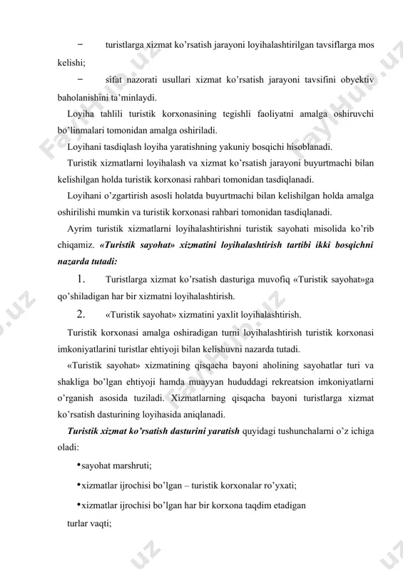 igi to’g’risidagi hisobotning tuzilishi. «turistik safar» xizmatini loyihalashtirish quyidagi tadbirlarni amalga oshirishni talab qiladi: · turistik safar kechadigan hudud va marshrutini ekspeditsion tekshiruvini o’tkazish; · turistik safar yo’lidagi (trassadagi) joylashtirish va uskunalar, turar joylar loyihalarini ishlab chiqish va tayyorlash; · zaruriy turistik jihozlari, uskunalarni va transport vositalarini sonini hisob-kitob qilish; · turizm bo’yicha yo’riqchi-uslubchilar, boshqa xizmat ko’rsatuvchi personalga bo’lgan talabni aniqlash hamda ularning tayyorgarligini tashkil etish; · safar yo’li bayonnomasi ko’rsatilgan reklama - axborot materiallarini tayyorlash; · «turistik safar» xizmati xavfsizligi bo’yicha choralarni belgilash. safar yo’lini ishlab chiqish hududlar bo’yicha mo’tadil iqlim sharoiti, ekologik va sanitariya me’yor va talablariga javob beradigan, amaldagi me’yoriy hujjatlarda belgilangan tarzda (ssbt, tabiat muhofazasi sohasi standartlariga mos kelishi) hamda aniq turizm turi rivojining real imkoniyatlaridan kelib chiqqan holda amalga oshiriladi. «turistik safar» xizmatini loyihalashtirishning hujjatli asosi marshrutning ekspeditsion tekshiruvi va sayyohlar xohishini sotsiolagik o’rganish o’tkazilganligi to’g’risidagi hisobot hisoblanadi. «turistik safar» xizmatini loyihalashtirishning natijasi uning yo’l …