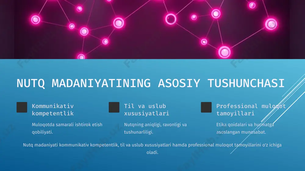 larni bartaraf etish. 7 nutq madaniyatini takomillashtirish nutq treninglari treninglarda ishtirok etish. adabiyotlar o'qish professional adabiyotlarni o'rganish. gapirish ko'nikmalari auditoriya oldida gapirish. nutq madaniyatini takomillashtirish uchun nutq treninglarida ishtirok etish, professional adabiyotlar o'qish va auditoriya oldida gapirish ko'nikmalarini rivojlantirish zarur. 8 axborot texnologiyalari va kommunikatsiya 1 elektron madaniyat 2 ijtimoiy tarmoqlar 3 kommunikatsiya vositalari axborot texnologiyalari va kommunikatsiya elektron kommunikatsiya madaniyati, ijtimoiy tarmoqlar va professional muloqot hamda zamonaviy kommunikatsiya vositalarini o'z ichiga oladi. 9 xulosa 1 nutq madaniyati turizm sohasidagi o'rni. 2 rivojlanish professional rivojlanish yo'llari. 3 takomillashtirish doimiy o'z-o'zini takomillashtirish. 10 e’tiboringiz uchun raxmat image1.png image2.png image3.png image4.png image5.png image6.png image7.png image8.png image9.png image10.png image11.png image12.png image13.png image14.png image15.png image16.png image17.png image18.png image19.png image20.png