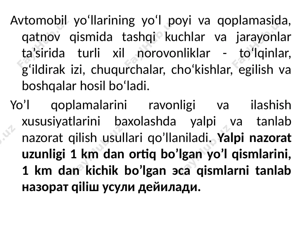 likga ega bo‘lib, uzviylikdagi bu norovonliklarning ma’lum bir qonuniyatlarini o‘rnatish mumkin emas. продольное сечение с длиной волны более 50 м относится к проектному сечению гладких неровностей. эти неровности влияют на работу двигателя автомобиля и режим движения транспортного средства, но не оказывают существенного влияния на вибрацию транспортного средства. коротковолновые ровности имеют длину менее 0,5 м-неровности с микро -, макро - и микроструктурой воздействуют на автомобиль, вибрация которого гасится шинами автомобиля. неровности в пределах 0,5-50 м образуют продольные микротрещины дорожного покрытия и вызывают значительные вибрации на большегрузных автомобилях. ровность определяется отклонением дорожного полотна (покрытия) от ровной поверхности в пределах диапазона длин волн 0,5-50 м. дороги на разных участках имеют неровности разных размеров и форм, поэтому невозможно установить определенные закономерности этих неровностей в непрерывности. 2.qoplama yuzasining ravonligini o‘lchash uchun laboratoriya jihozlari. ravonlikni o‘lchash - bu eng past norovonliklarni ham o‘lchash moslamasiga ta’siri xususiyatini aniqlash jarayonidir. ishlash prinsipiga ko‘ra qurilmalar quyidagicha ajralib turadi: - …