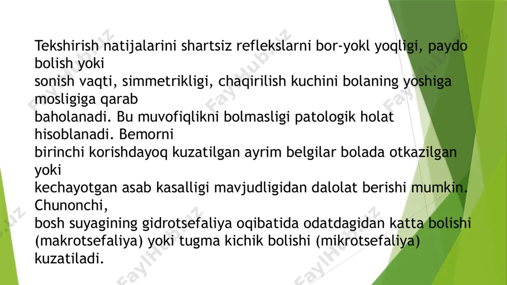 oasteniyaga olib kelishi mumkin meningial sindrom. etiologiyasi. bakterial infeksiya yoki viruslar. shikoyati. tana haroratini kotarilishiga, bosh ogrigiga (kopincha ogriq ensa peshona sohasida, kamroq umumiy). kokrak yoshidagi bolalarda betoqatlik, tirishishlik, qosish (ba‘zan tosatdan, «fantan» simon) ham bolada qattiq bosh ogrigi mavjudligidan dalolat beradi. ob’ektiv tekshirish: bemor ahvoli ogir, es xushi somnolent, sopor, koma holatlarida boladi. tana muskullari tonusini reflektor zorayishi hisobiga, bemor yotganda uning gavdasi oziga xos korinishda boladi: bemorning boshi orqaga tashlangan, tanasi bukilgan qorni ichiga tortilib, qollarii, kokrak qafasiga qisilgan, oyoqlari tizzadan bukilib qorniga tortilgan holatda yotadi. terisida sezuvchanlikni ortishi (giperesteziya) kuzatiladi, vazamator ozgarishlik natijasida oq yoki qizil doglarr paydo boladi. sezgi organlarini shovqinga, qattiq tovushga, yoruglikka giperesteziyasi kuzatiladi. bosh miya qobihini qitiqlanishi natijasida quyidagi simptomlar paydo boladi. likvorni o‘zgarishi. bosimi oshgan ayniqsa serozli meningitda (yiringli meningitga nisbatan) bosim oshgan boladi. suyuqlik minutiga 40 va undan kop tomchida oqadi (normada minutiga 20-40 tomchi oqib bu normadagi likvor bosimiga togrii …