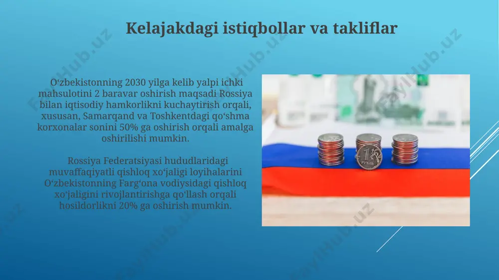г ялпи ички маҳсулоти (яим) 2022 йилда тахминан 2,2 триллион ақш долларини ташкил этди, бу москва ва санкт-петербург каби йирик шаҳарлардаги яшаш даражасига таъсир кўрсатди. o'zbekistonda kambag'allik darajasi o'zbekiston respublikasining davlat statistika qo'mitasining ma'lumotlariga ko'ra, 2023-yilda minimal iste'mol savati narxi o'rtacha oylik ish haqiga nisbatan past bo'lsa-da, kambag'allik darajasi hali ham toshkent shahri va viloyatlar o'rtasida sezilarli farqni saqlab kelmoqda. o'zbekistonning qishloq joylarida kambag'allik darajasi shaharlarga nisbatan 2022-yil ma'lumotlariga ko'ra 1,5 baravar yuqori bo'lib, ayniqsa, qashqadaryo va surxondaryo viloyatlarida yuqori ko'rsatkichlar kuzatilgan. o'zbekiston va rossiyada inflyatsiya darajasi oʻzbekistonda 2023-yilning birinchi choragida inflyatsiya darajasi 10,8% ni tashkil etdi, bu esa rossiyaning shu davrdagi 4% li inflyatsiyadan ancha yuqori. toshkentdagi oziq-ovqat narxlari o'sish sur'atlariga sezilarli ta'sir ko'rsatdi. oʻzbekiston va rossiya oʻrtasidagi iqtisodiy aloqalar inflyatsiya koʻrsatkichlariga oʻz taʼsirini koʻrsatadi, masalan, rossiyadan import qilinadigan mahsulotlarning narxining oʻzgarishi oʻzbekistondagi inflyatsiyaga taʼsir qiladi. o'zbekiston va rossiyada ishsizlik darajasi oʻzbekiston va rossiya oʻrtasidagi ishsizlik farqi migratsiya oqimlari, …