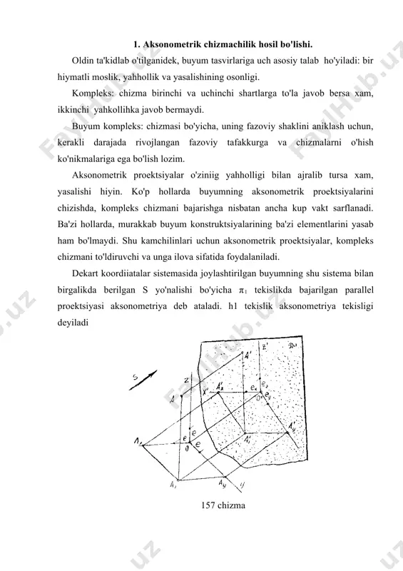 -koordinata o'hlarining proektsiyalari x1, u1 , z1 aksonometriya o'hlarini; -a nuhta boshlanhich proektsiyagi a1 ning aksonometriyasi hiskacha ikkilamchi proektsiya deb ataluvchi a'1 nuhtani: -natural masshtab birliklarining proektsiyalari 1x ,1u , 1z, - o'hlar bo'yicha o'zgargas masshtab birliklarini; - a nuktaning koordinata sinik chizihi proektsiyasi o1 a1x a11 a1 ni xosil kilamiz π1 tekislikdagi bu proektsiyalarining barchasi birgalikda aksonometrik chizmani tashkil kilidi. aksonometriya tekisligi koordinata uklariga ogma joylashadi va ularni 11 21 31 nuktalarda kesib utadi (158 chizma) koordinata o'hlari tashkil etilgan xou; yoz.; xoz koordinata tekisliklari, π1 aksonomeriya tekisligini 11 21 31 uchburchakni xosil kiluvchi tugri chiziklar buyicha kesadi va u izlar uchburchagi deyiladi 158 chizma koordinata o'hlaridagi natural masshtab birligi hamda undagi ixtiyoriy kesma o'z kattaligidan kichik bo'lib proektsiyalanadi. ularning proektsiyalari har xil buladi. o'zgarmas masshtab birligining natural masshtab birligiga nisbati o'zgarish koffitsienti deyiladi va huyidagicha belgilanadi: x uhi buyicha m= y uki buyicha n = ya uki buyicha …