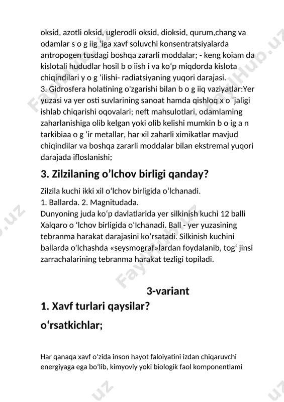 llergik kasalliklar yuzaga kelishiga sabab boiadi.xavflaming turlari quyidagicha tasnif qilinadi: 1. kelib chiqish tabiatiga kovra: tabiiy, texnogen, antropogenik va ekologik. 2. ta’sir xususiyatiga ko‘ra: fizikaviy, kimyoviy, biologik, termik va psixofiziologik. 3. olib keluvchi oqibatiga ko‘ra: toliqish, kasallanish, jarohatlanish, halokat, yong‘in, nurlanish, kuyish va boshqalar. 4. keltiruvchi zarariga ko‘ra: ijtimoiy, iqtisodiy, texnik, siyosiy. 5. kelib chiqish sohasiga ko‘ra: turmushga, sportga, y o i transportiga, ishlab chiqarishga, urushga, tabiiy ofatga oid xavflar. 6. insonga ta’sir qiiish darajasi ga qarab: faol (aktiv) va sust (passiv). 7. ta’sir doirasiga ko‘ra: lokal, mahalliy, milliy, global. 8. ta’sir etish tezligiga ko‘ra: tasodifiy, shiddatii, m o‘tadil va ravon.bulardan shunday xulosa chiqadiki, inson faoliyatining bironta turiyo'qki, u absolut xavfsiz amalga oshsa. shuning uchun, har qanday xavf potensial xavfli hisoblanadi. 2. terroristik tashkiltlotlarga misol keltiring? xx asming oxiri va xxi asr boshlarida terrorizm insoniyat hayotiga katta xavf sola boshladi. g‘zining niyatini oshkor eta boshladi. jumladan, nyu-yo‘rk (aqsh) shahridagi butunjahon …